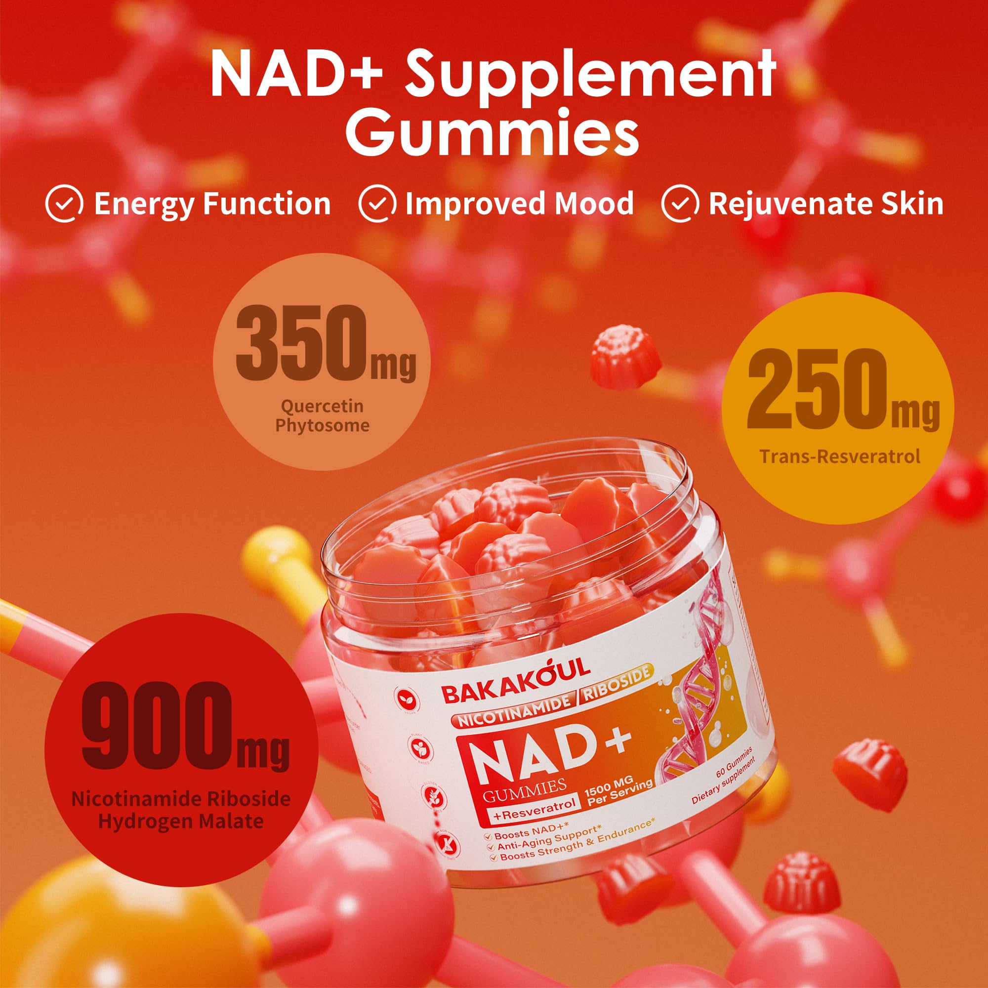 BAKAKOUL NAD Gummies, NAD Supplement - Liposomal Nicotinamide Riboside, Resveratrol, Quercetin, NAD Nicotinamide Riboside Resveratrol 900mg, NAD+ Supplement for Men and Women, 60 Gummies 1 Pack BAKAKOULAu supplements