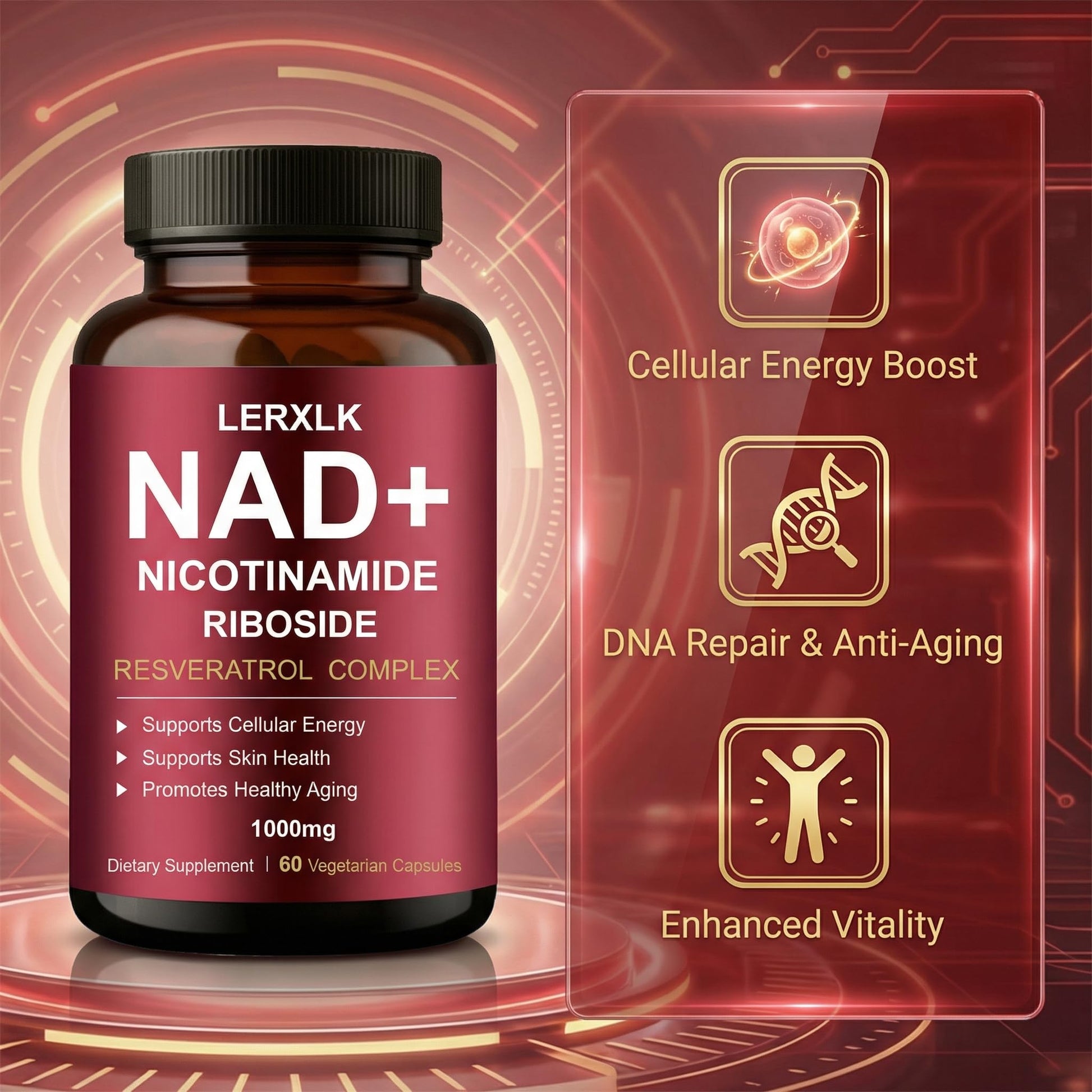 LERXLK NAD+ Supplement 1000mg – Liposomal Nicotinamide Riboside with Resveratrol, Advanced Cellular Energy & Healthy Aging Support, 60 Vegetarian Capsules LERXLKAu supplements