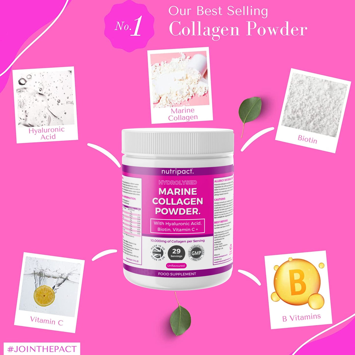 Hydrolysed Marine Collagen Peptides Powder with Hyaluronic Acid, Biotin, Vitamin C & B Vitamins – 10,000mg Collagen nutripactUS supplements