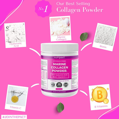 Hydrolysed Marine Collagen Peptides Powder with Hyaluronic Acid, Biotin, Vitamin C & B Vitamins – 10,000mg Collagen nutripactUS supplements