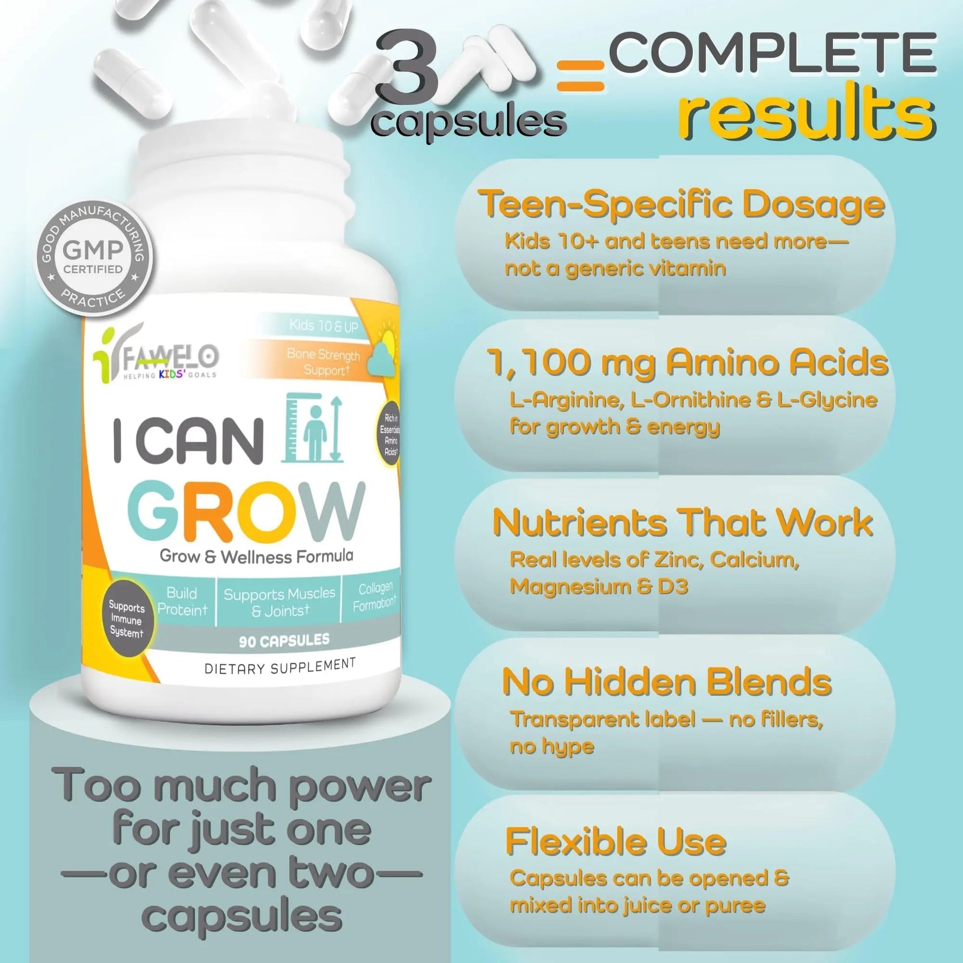 Fawelo I Can Grow Day-Time for Kids 10+ & Teens | Growth & Development Support with L-Arginine, Colostrum, Calcium, D3, Magnesium, Zinc | FaweloAu supplements