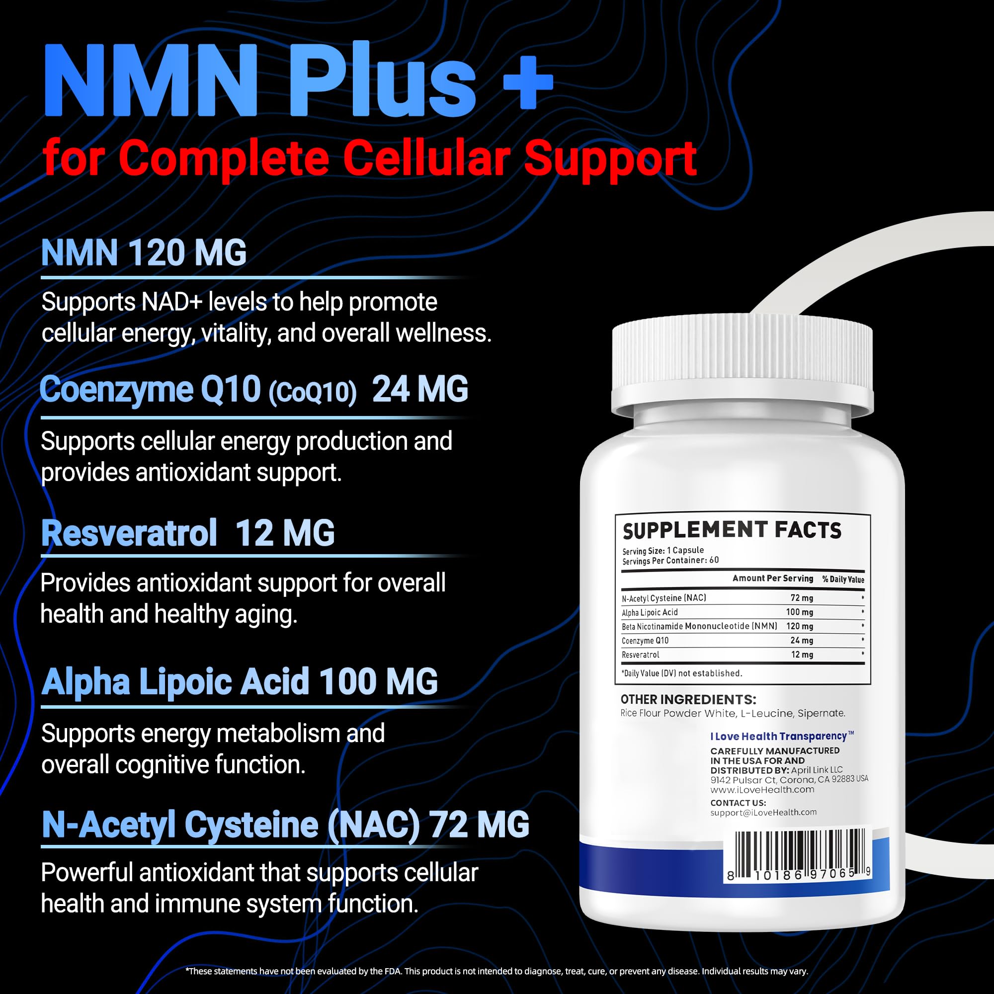 I LOVE HEALTH NMN Supplement, 5-in-1 Complex with NAC, Alpha Lipoic Acid, CoQ10 & Resveratrol - High Absorption Anti Aging Formula - Third Party Tested, cGMP, Gluten Free - 60 Capsules I LOVE HEALTHAu supplements