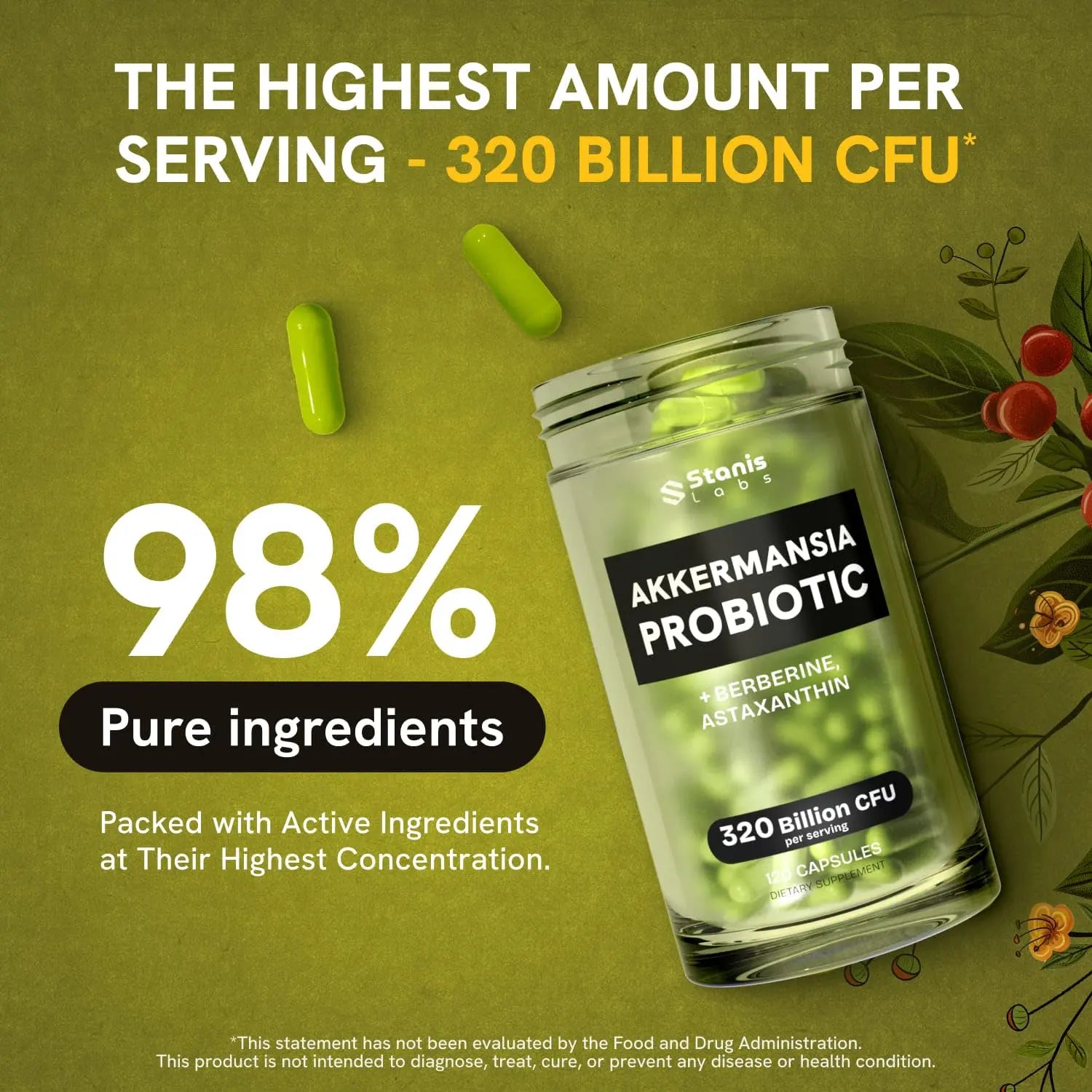 Akkermansia Muciniphila Probiotics 320 Billion CFU| Probiotic and Prebiotic | Akkermansia Probiotics for gut health | Inulin Prebiotic Fiber Capsules Astaxanthin & Berberine & Chromium | 120 capsules Stanis LabsAu supplements