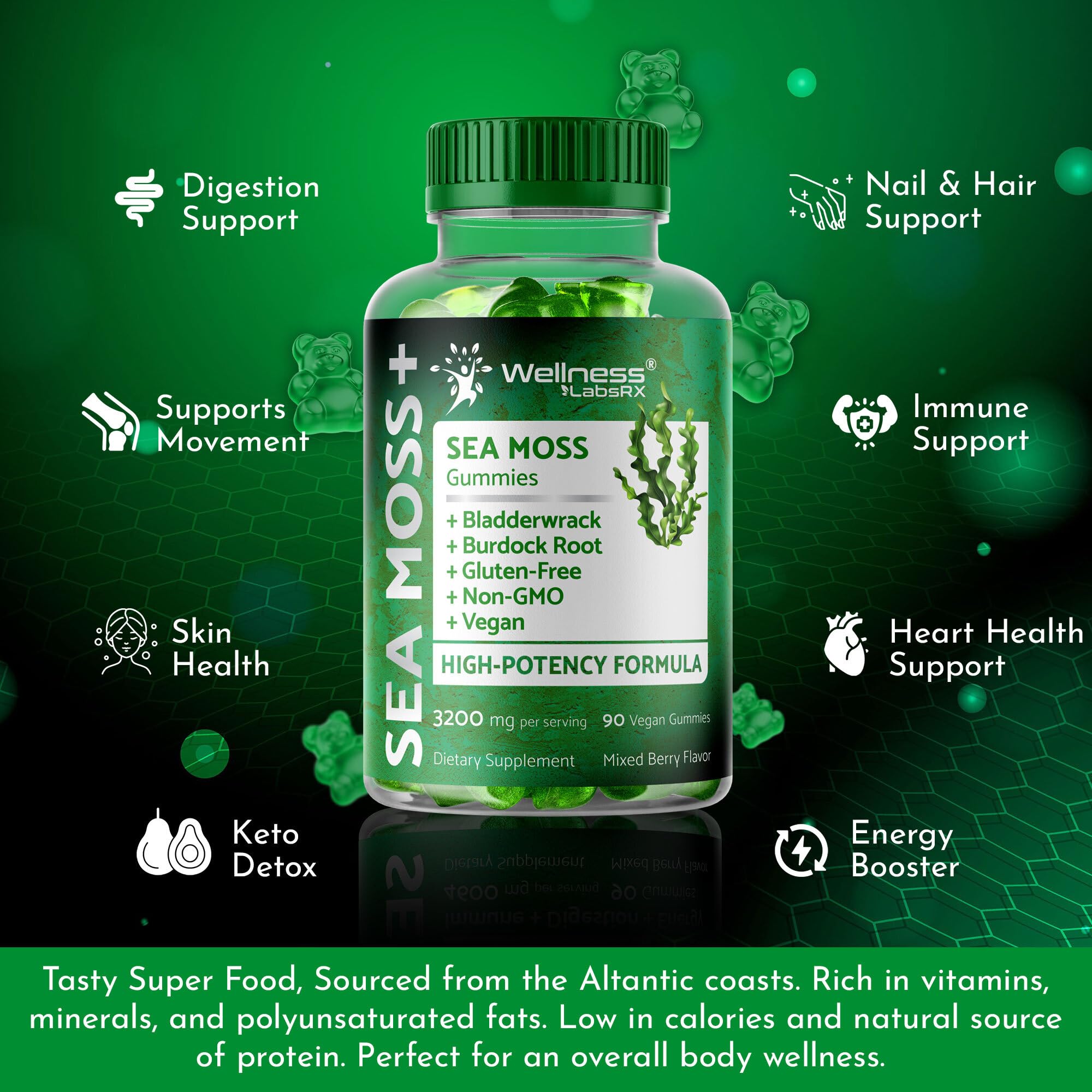 WELLNESS LABSRX Sea Moss Gummies, 3200mg Irish Sea Moss Mixed Berry Flavor with Maximum Potency Bladderwrack and Burdock Root - Supports Skin, Energy and Immunity - 180 Count WELLNESS LABSRXAu supplements