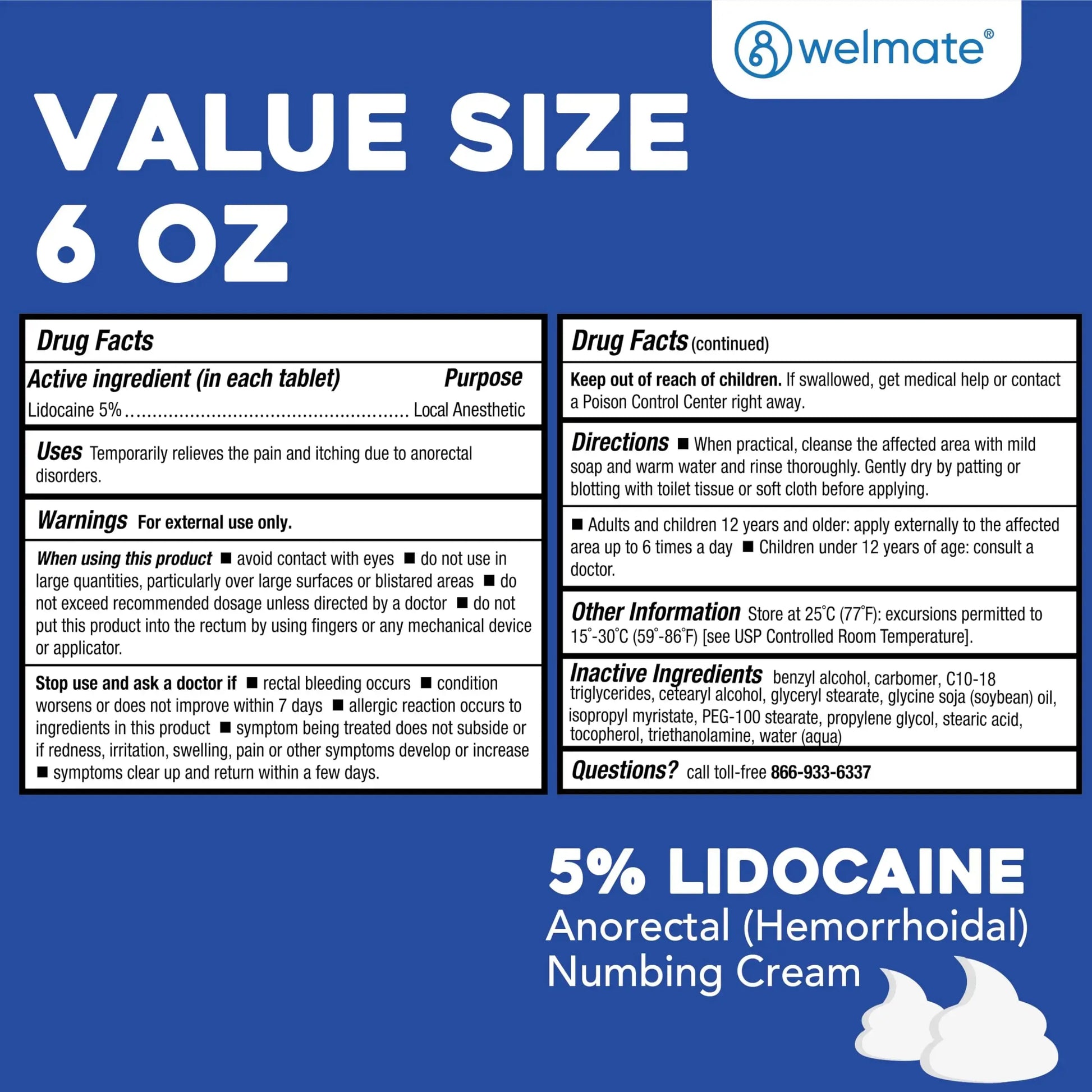 WELMATE 5% Lidocaine Cream for Hemorrhoids, 6 oz Jar – Fast-Acting Lidocaine Numbing Cream & Topical Analgesic Cream for Anorectal Itch Relief WELMATEAu supplements