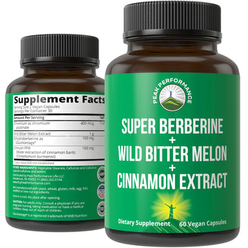 Ultra High Strength 4-in-1 Super Berberine Patented GlucoVantage + Wild Bitter Melon + Cinnamon Extract + Chromium Picolinate Vegan Capsules. Great Supplement to Support After-Meal Spikes and Energy Peak PerformanceAu supplements
