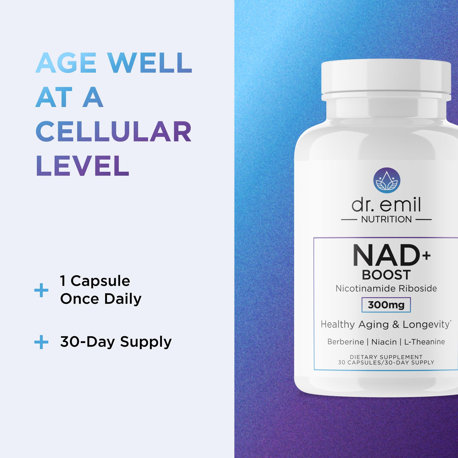 DR. EMIL NUTRITION NAD+ Boost - Nicotinamide Riboside Supplement for Longevity, Healthy Aging & Cellular Regeneration - NAD Supplement with with Berberine, L-Theanine & Niacin - 30-Day Supply DR. EMIL NUTRITIONAu supplements