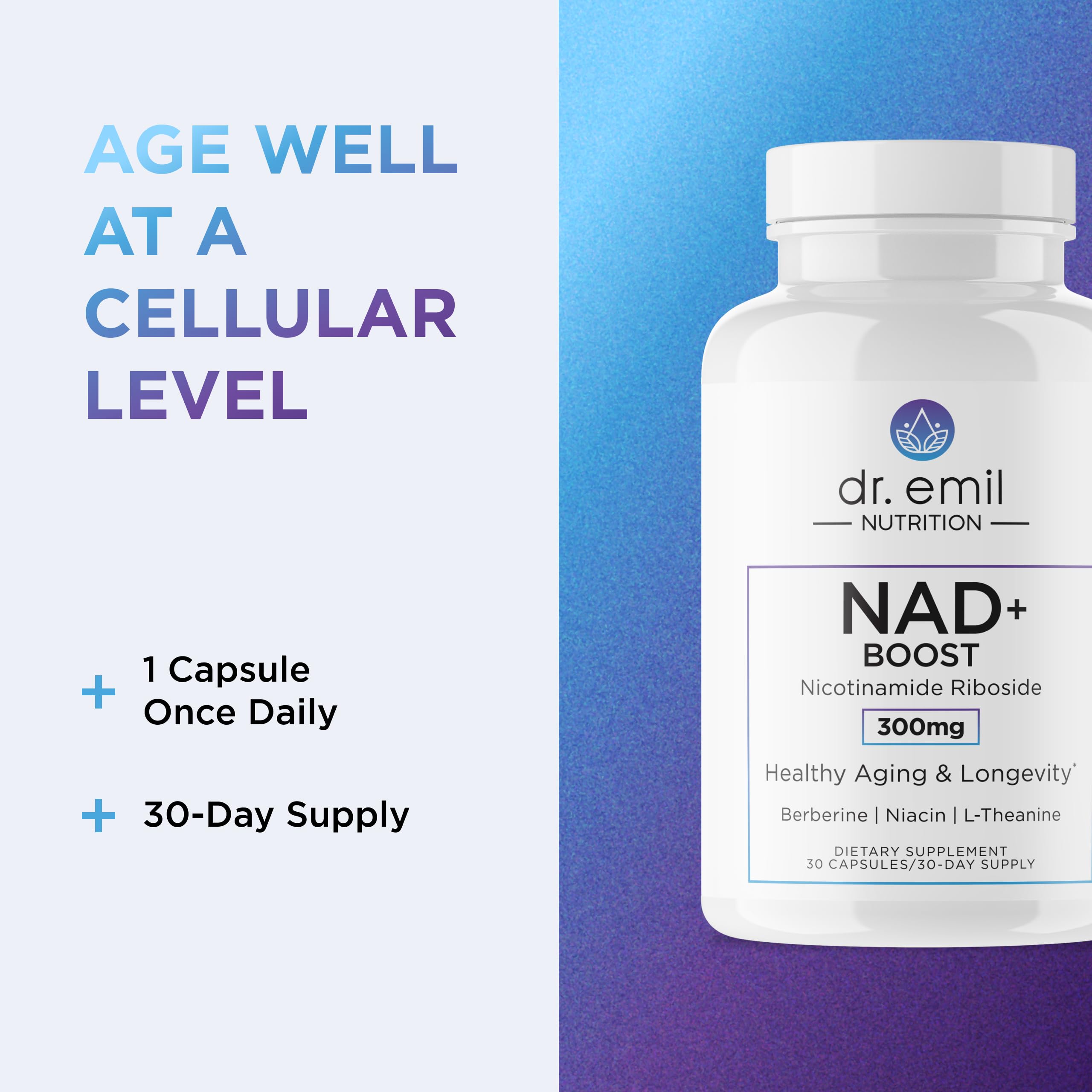 DR. EMIL NUTRITION NAD+ Boost - Nicotinamide Riboside Supplement for Longevity, Healthy Aging & Cellular Regeneration - NAD Supplement with with Berberine, L-Theanine & Niacin - 30-Day Supply DR. EMIL NUTRITIONAu supplements