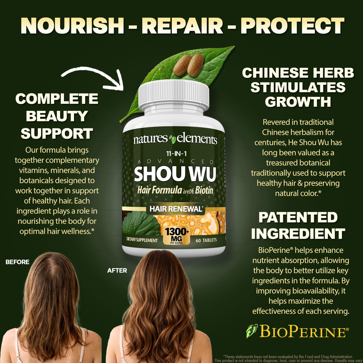 Natures Elements Advanced Shou Wu for Gray Hair – Prepared He Shou Wu for Hair Growth with Biotin, Bioperine, Fo-Ti Root & More – 100% Natural – 60 Tablets – Non-GMO, Gluten-Free Natures ElementsAu supplements