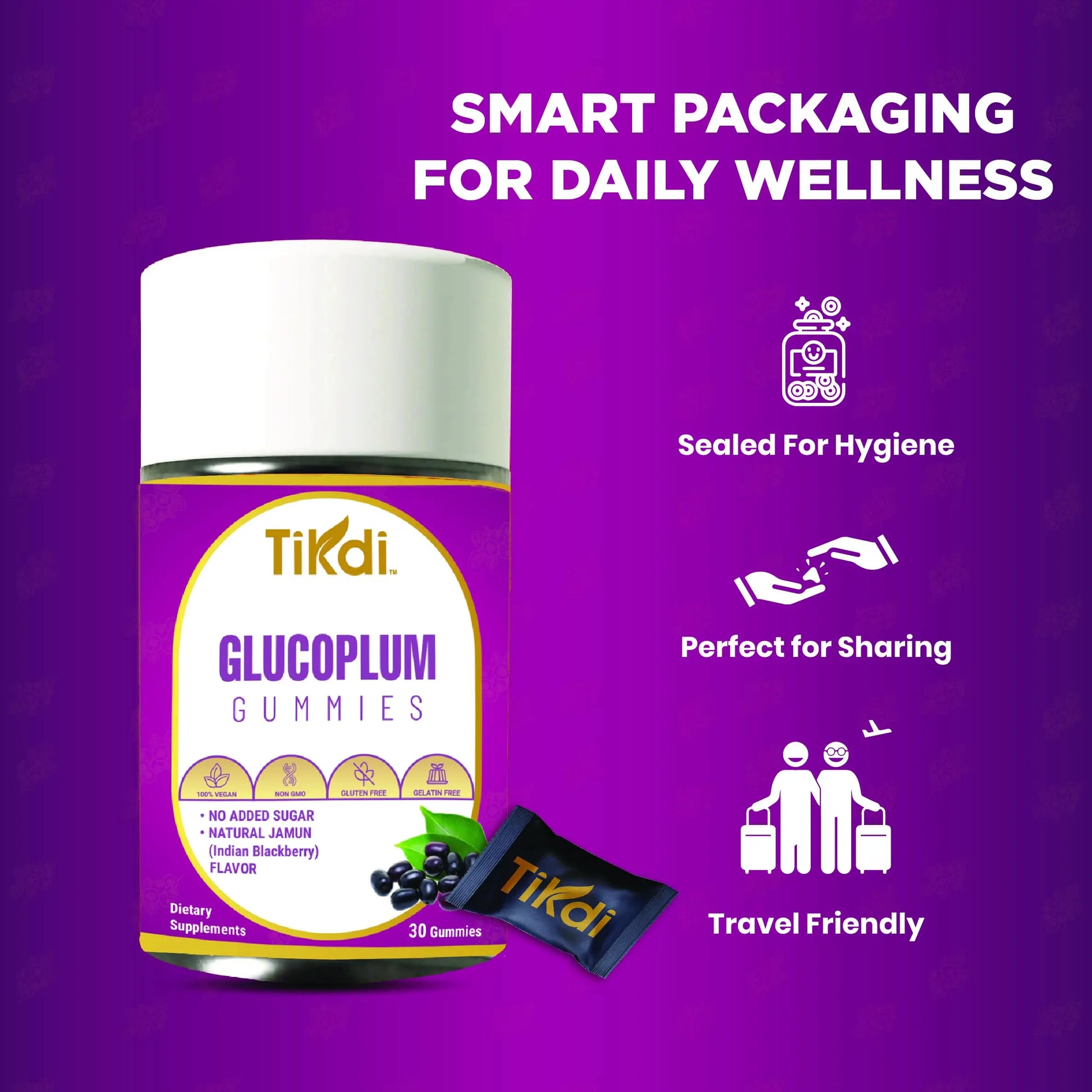 TIKDI GlucoPlum Gummy - 30 Count - Supports Healthy Blood Sugar Levels Already Within Normal Range. All Natural with Indian BlackBerry, Fenugreek, Cinnamon, Vegan, No Added Sugar TIKDInz supplements
