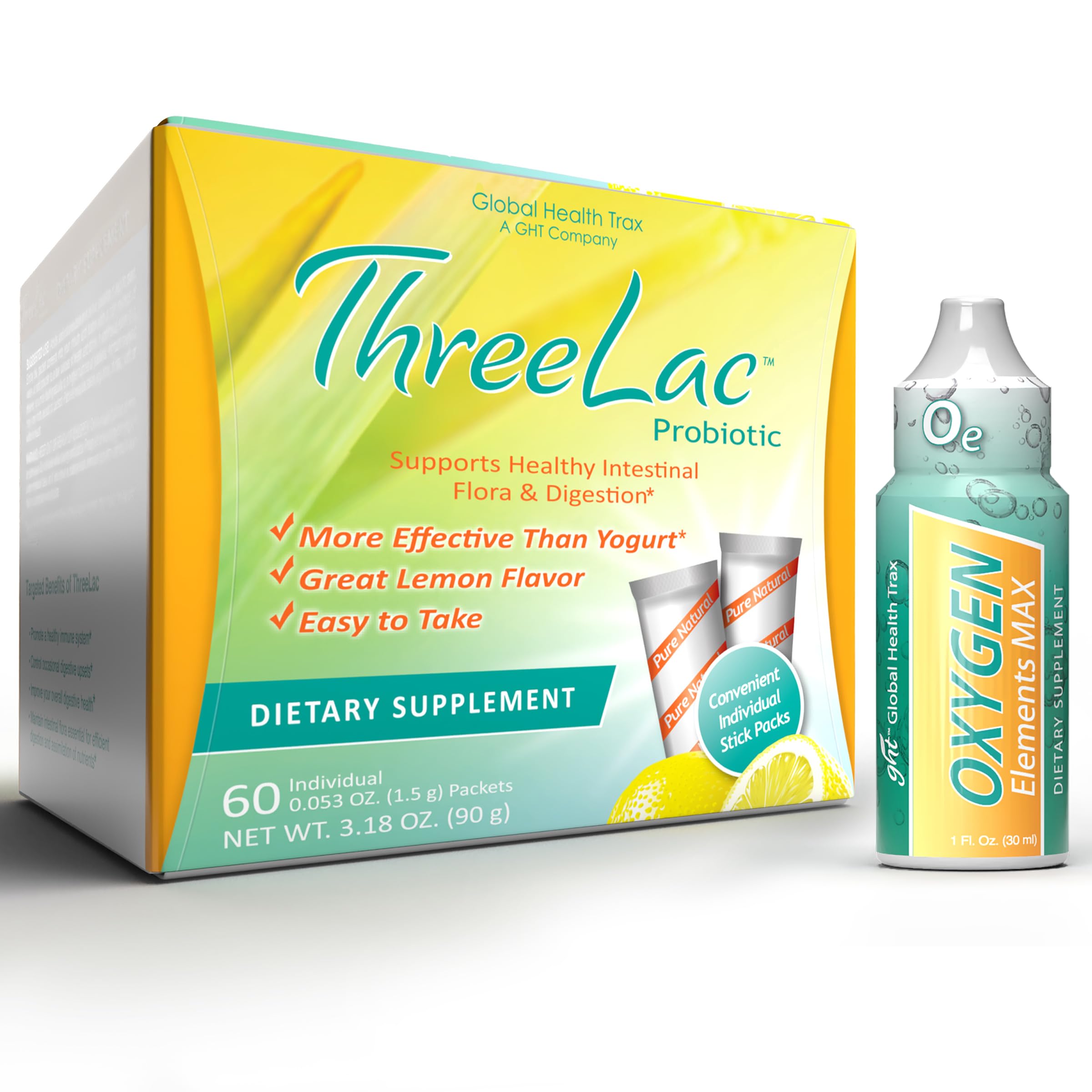 Global Health Trax Ultimate Gut & Oxygen Duo: ThreeLac Lemon Probiotic Powder (60 Packets) & Oxygen Elements Max Drops (1oz) - Digestive Support & Cellular Vitality ght Global Health TraxAu supplements