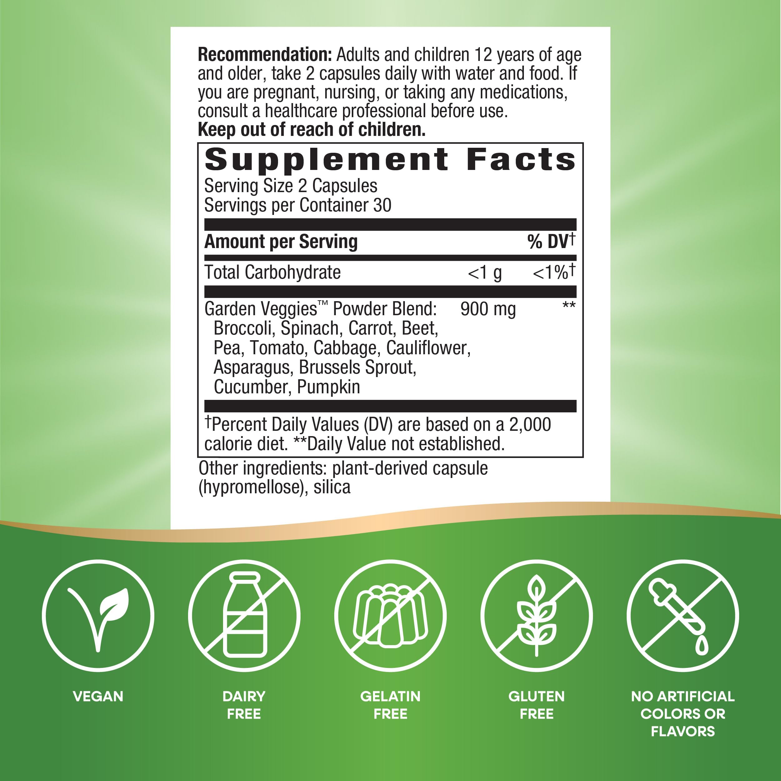 Nature's Way Garden Veggies, Veggie Powder Blend, 900 mg per 2-Capsule Serving, 60 Vegan Capsules Nature's WayAu supplements