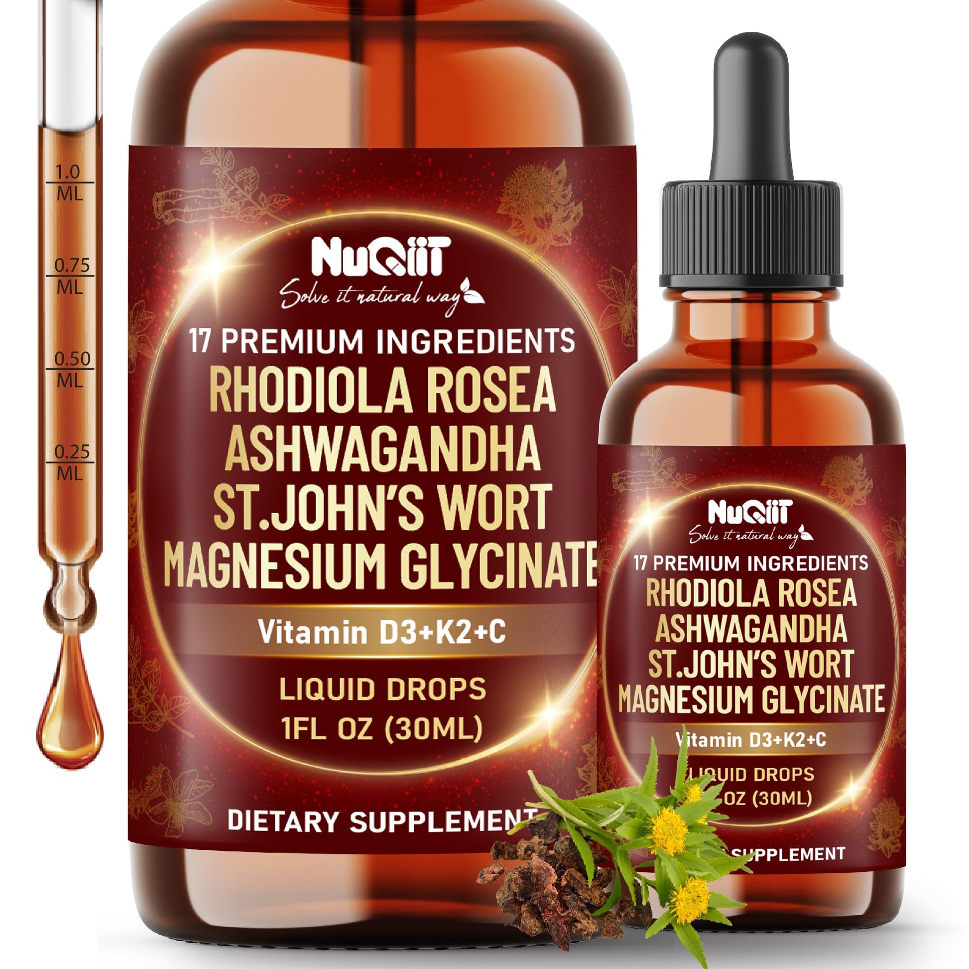 NUQIIT 17in1 Rhodiola Rosea Liquid Drops Tincture w/Ashwagandha Magnesium, L-Theanine. Ultra Rhodiola Cortisol Supplement, Rhodiola Root for Mood, Energy - 1 FL Oz - 60 Day Supply NUQIITAu supplements