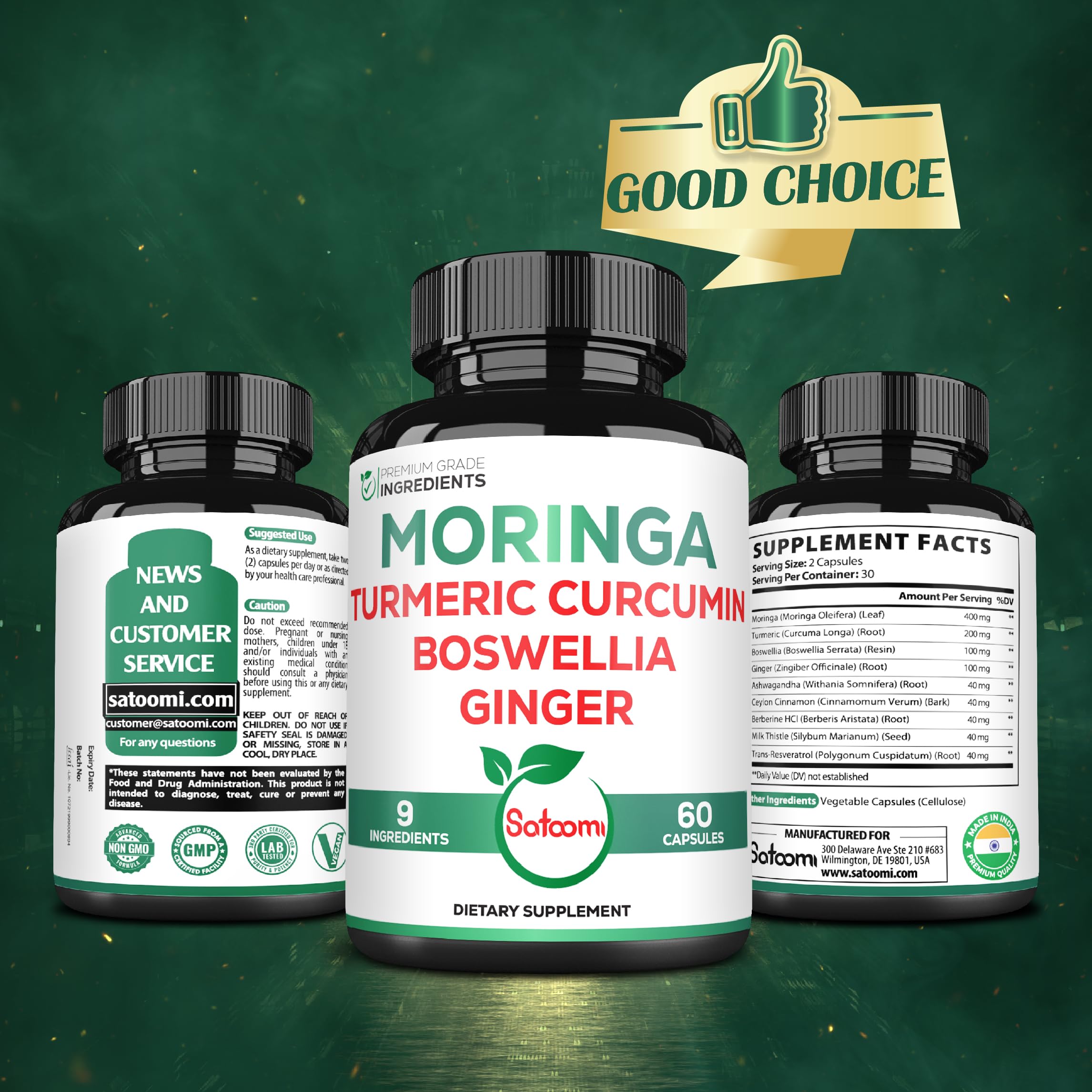 Satoomi 9in1 Moringa Capsules - Featuring Moringa, Turmeric, Boswellia, Ginger, Ashwagandha, Ceylon Cinnamon and Milk Thistle, and Resveratrol | Support Mood, Heart & Overall Health - 60 Count SatoomiAu supplements