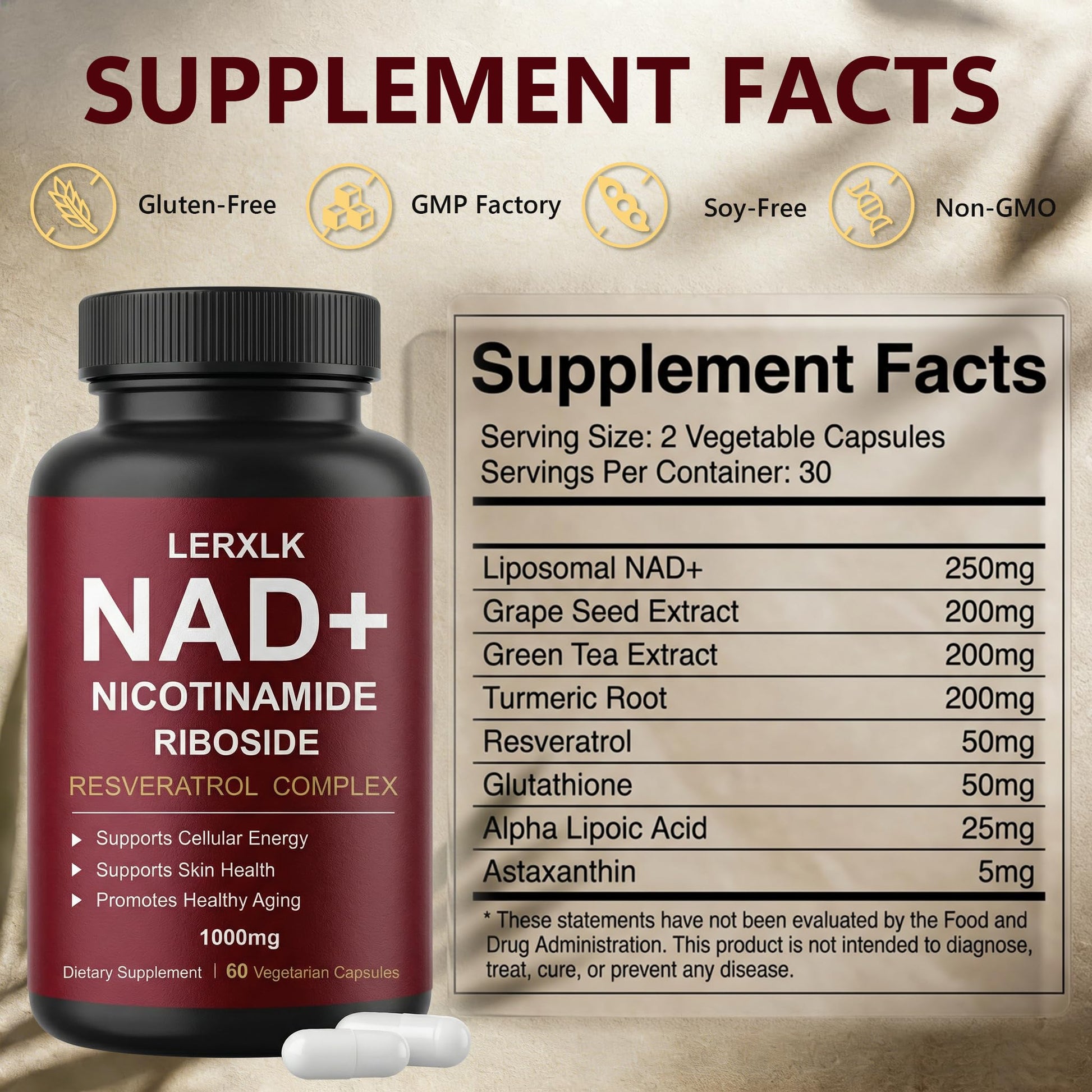 LERXLK NAD+ Supplement 1000mg – Liposomal Nicotinamide Riboside with Resveratrol, Advanced Cellular Energy & Healthy Aging Support, 60 Vegetarian Capsules LERXLKAu supplements