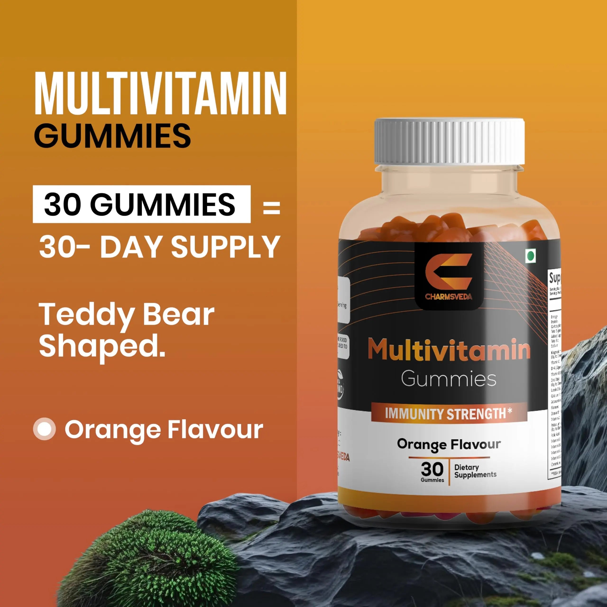 CHARMSVEDA Multivitamin Gummies – Energy, Immunity & Overall Wellness with DHA, Vitamin C, Zinc & Antioxidants – Orange Flavour – 30 Gummies CHARMSVEDAAu supplements