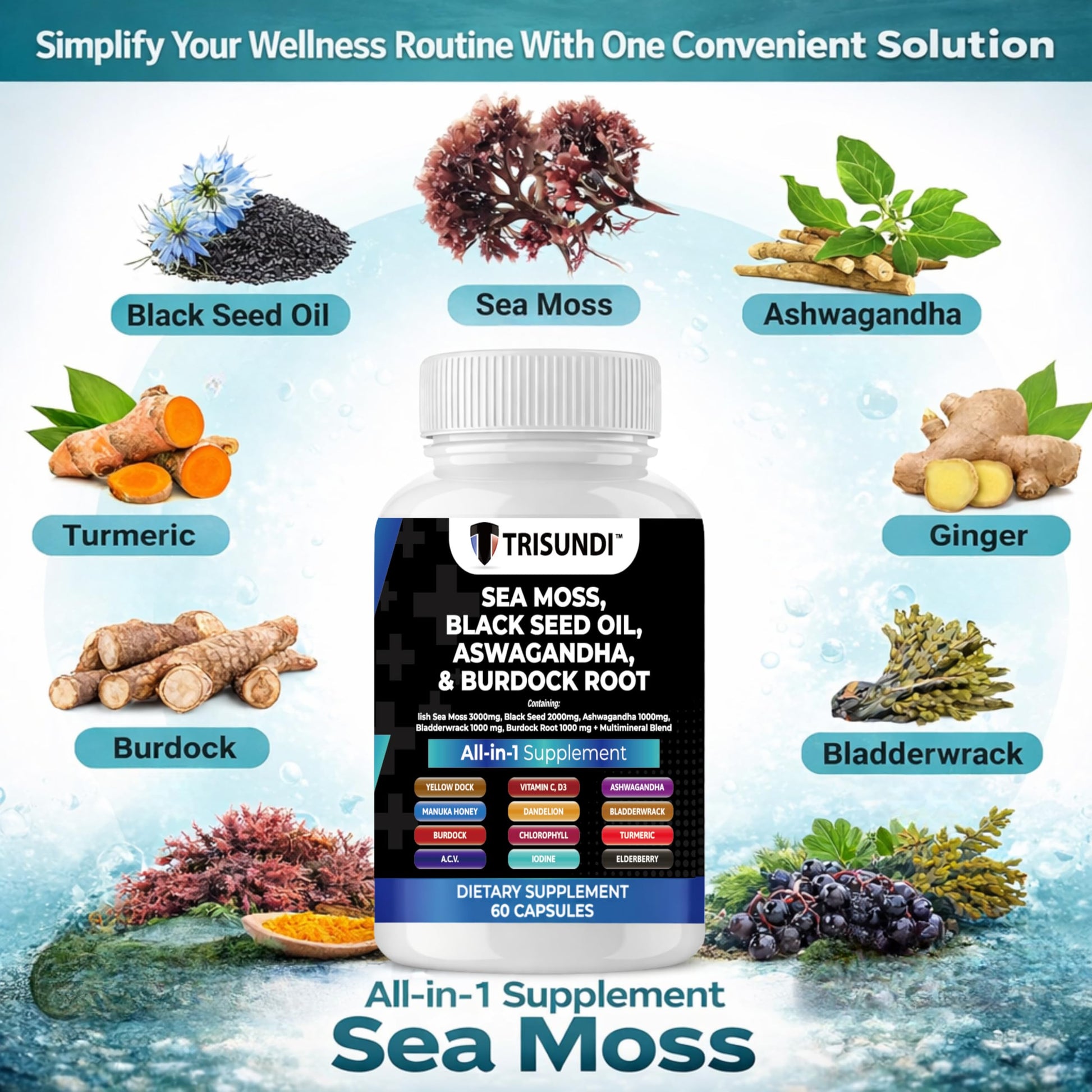 Trisundi Sea Moss Complex with Black Seed Oil, Ashwagandha & Burdock Root – All-in-One Herbal Supplement with Vitamins & Minerals – 60 Capsules TrisundiAu supplements