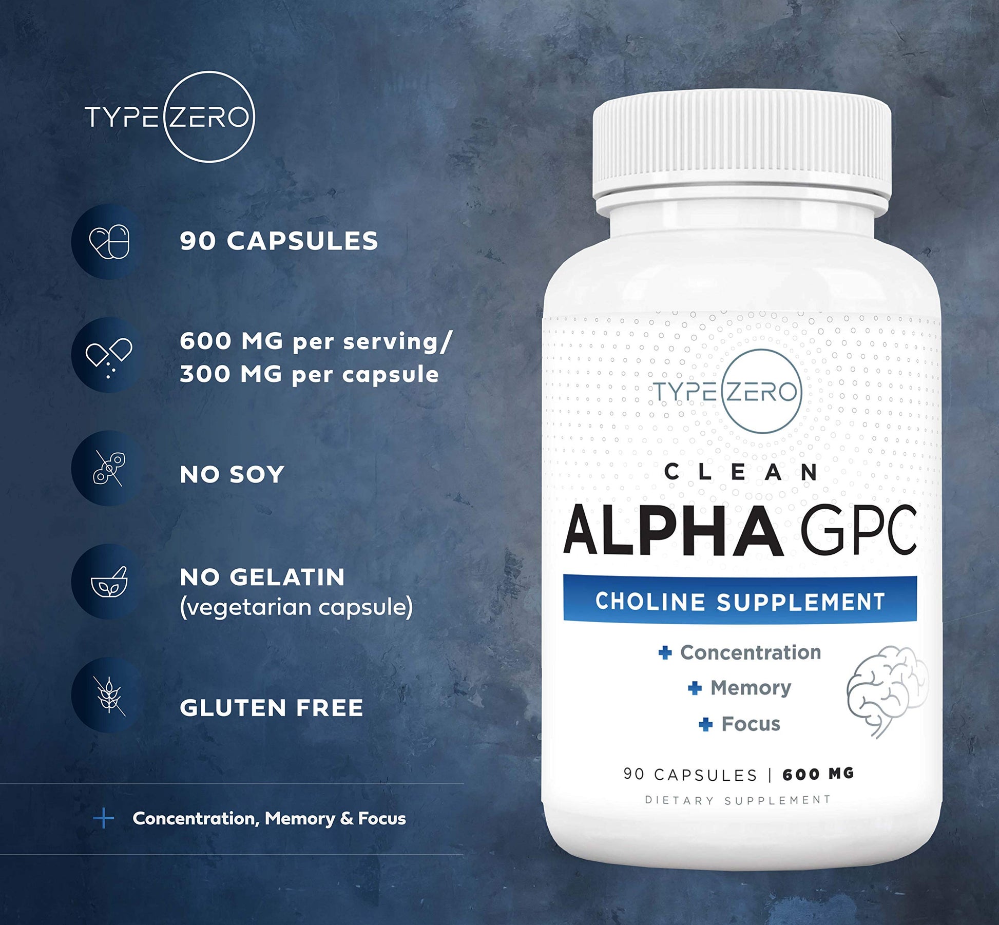 Type Zero Ultra Clean Alpha GPC Choline Supplement (600mg | 90 Capsules) Soy Free, Non-GMO Nootropics Alpha GPC 600mg / 300mg; Alpha-GPC Brain Memory and Focus Supplements Type ZeroUS supplements
