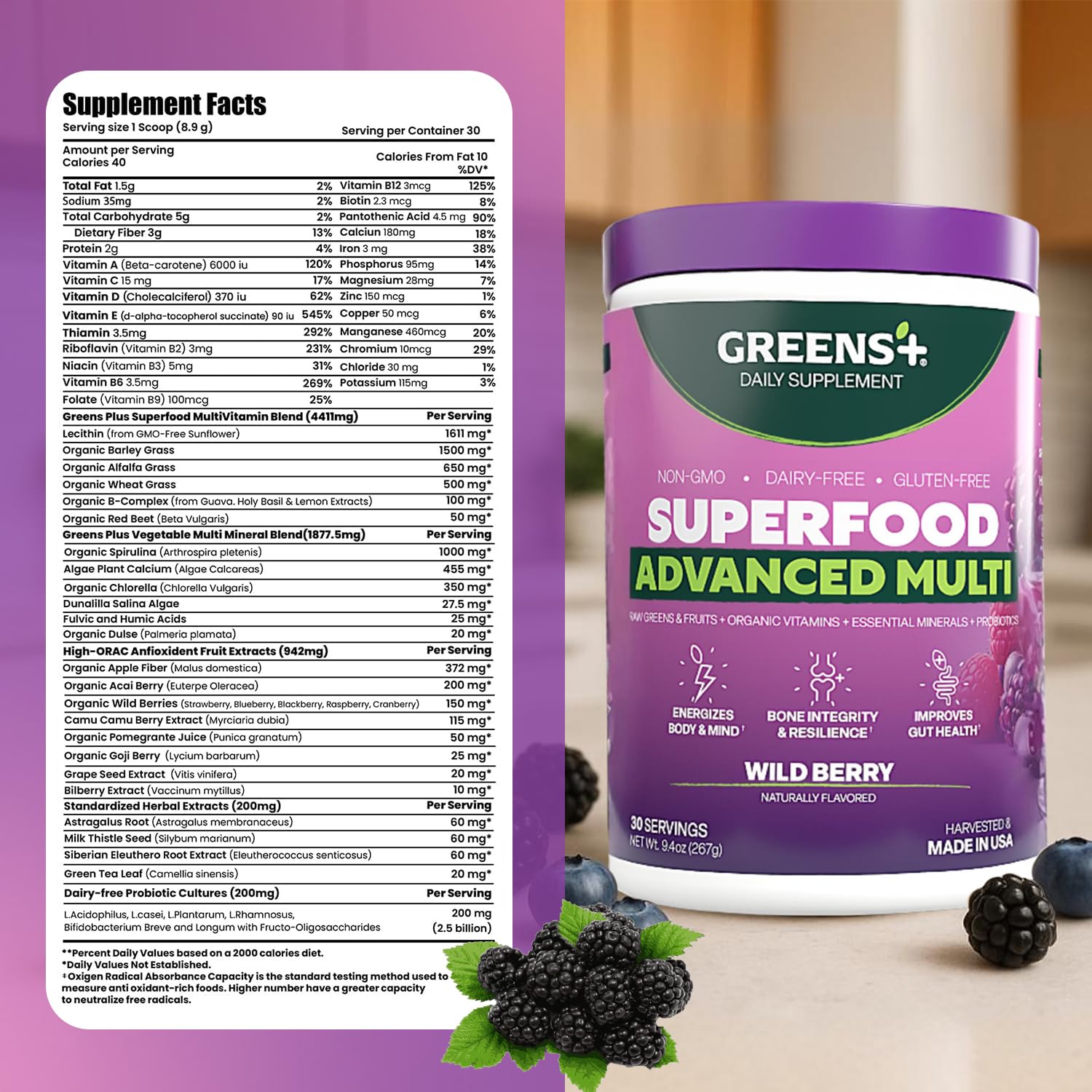 Greens+ Advanced Multi Wild Berry Superfood Powder, Organic Blend, Vegan, Non-GMO, Soy-Free, Dairy-Free, Gluten-Free, Dietary Supplement with Vitamins & Minerals, 9.4 oz Greens+Au supplements