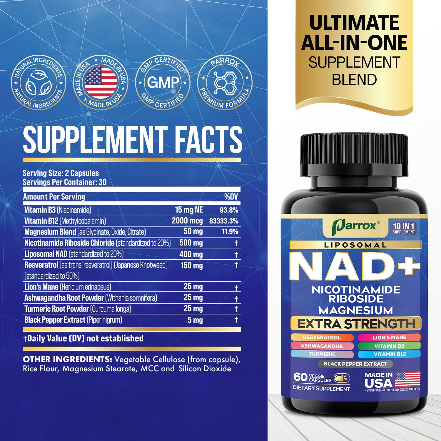 Parrox NAD+ Supplement with Liposomal NAD+, Nicotinamide Riboside, Magnesium, Vitamin B3 & B12, Resveratrol, Turmeric, Ashwagandha, Lion’s Mane,10-in-1 Extra Strength ParroxAu supplements