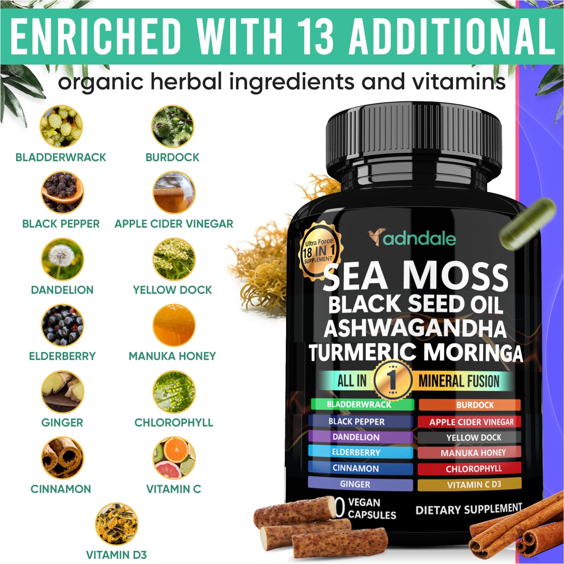 Adndale Sea Moss Capsules - Sea Moss Blend with Ashwagandha, Turmeric & Black Seed Oil - 180 Count AdndaleAu supplements
