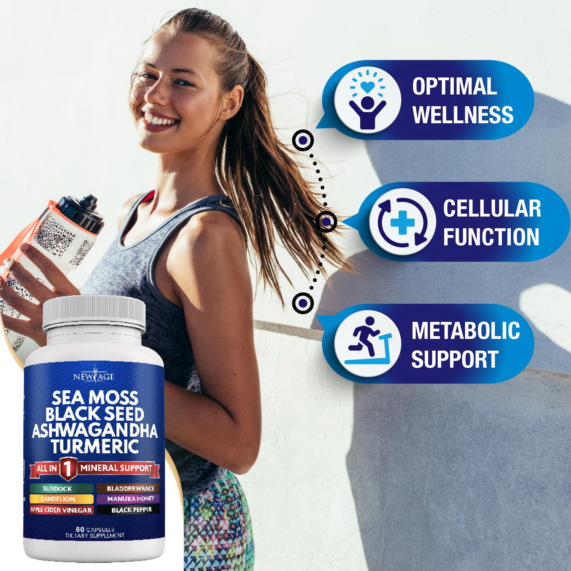 Silica Sea Moss 3000mg Black Seed Oil 2000mg Ashwagandha 1000mg Turmeric 1000mg NEW AGEAu supplements
