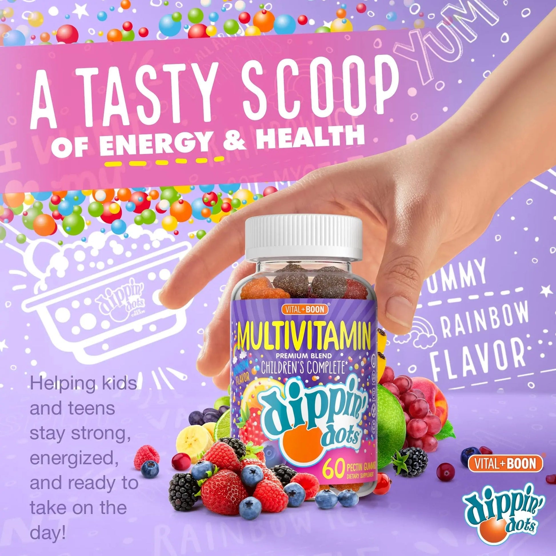 Dippin' Dots - Multivitamin Gummies for Kids Rainbow Fruit Flavor Complete Multivitamin Chewy Gummies Vitamin A, B, C, D3, E, B6, Zinc - 60 Count Vital+BoonAu supplements