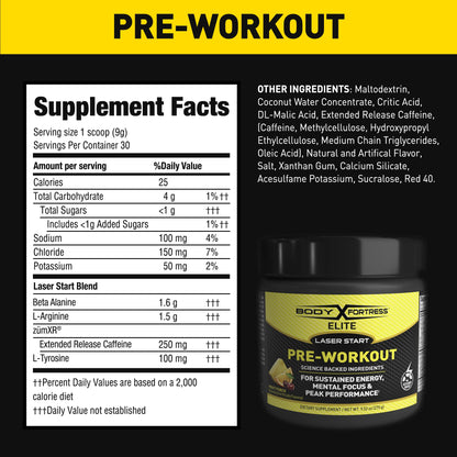 Body Fortress Elite Laser Start Pre-Workout Powder,ZümXR Caffeine for Sustained Energy Body FortressUS supplements