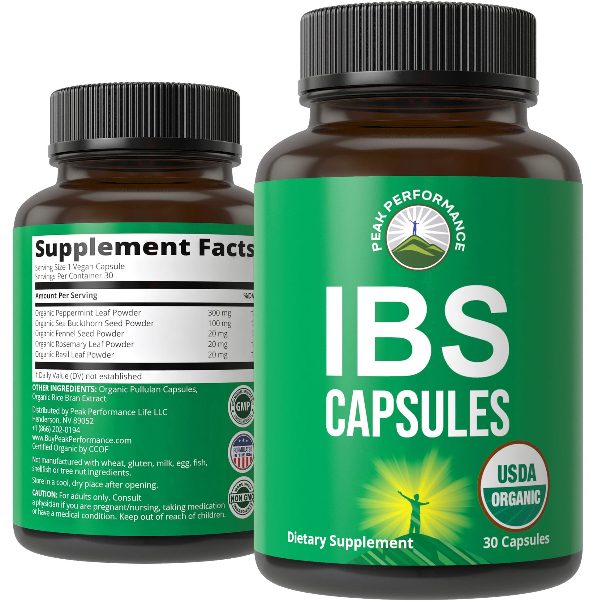 USDA Organic IBS Capsules for Relief, Ingestion, Bloating, Gas. Irritable Bowel Supplement with 5 Handpicked Organic Ingredients. Peppermint Oil, Sea Buckthorn, Fennel Seed, Rosemary Leaf, Basil Leaf Peak PerformanceAu supplements