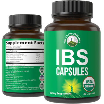 USDA Organic IBS Capsules for Relief, Ingestion, Bloating, Gas. Irritable Bowel Supplement with 5 Handpicked Organic Ingredients. Peppermint Oil, Sea Buckthorn, Fennel Seed, Rosemary Leaf, Basil Leaf Peak PerformanceAu supplements