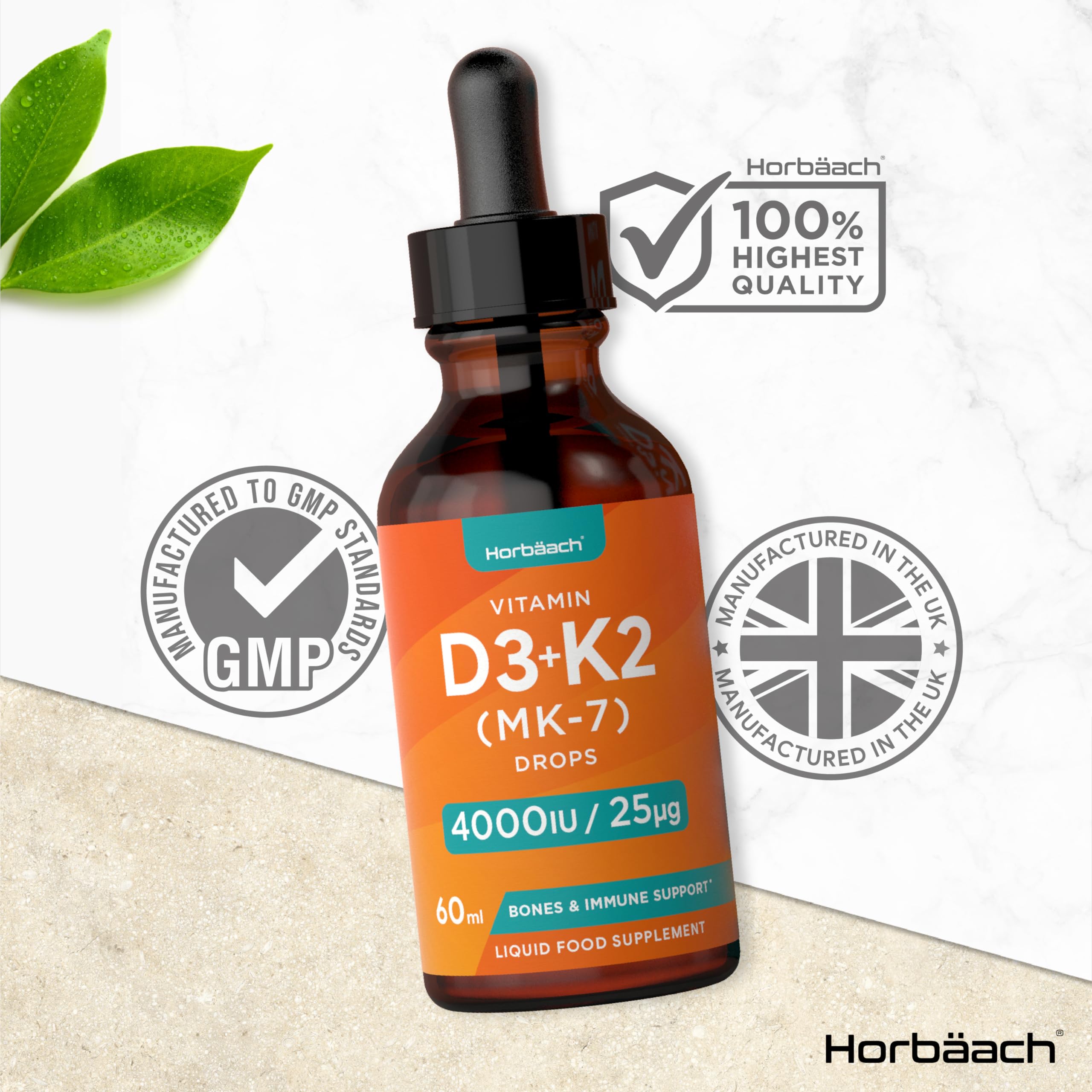 Vitamin D3 K2 Drops | 60mL | High Strength Vitamin D3 4000iu and K2 25ug | No Artificial HorbäachUS supplements