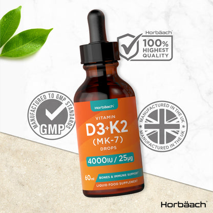Vitamin D3 K2 Drops | 60mL | High Strength Vitamin D3 4000iu and K2 25ug | No Artificial HorbäachUS supplements