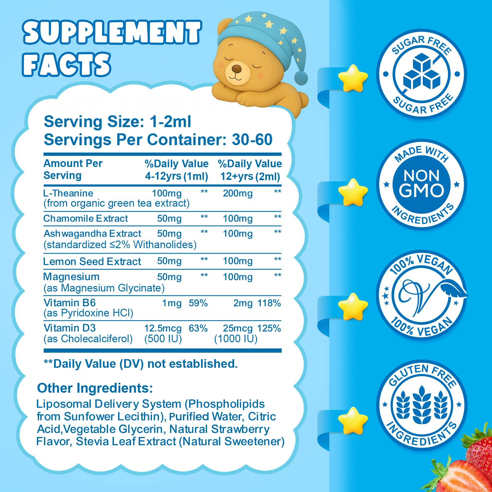Liposomal L-Theanine Drops for Kids & Adults – Liquid L-Theanine Supplement with Magnesium Glycinate, Ashwagandha, Chamomile, Vitamin B6 & D3 – Supports Calm, Focus & Restful Sleep – Strawberry Flavor CFILIHTCAu supplements