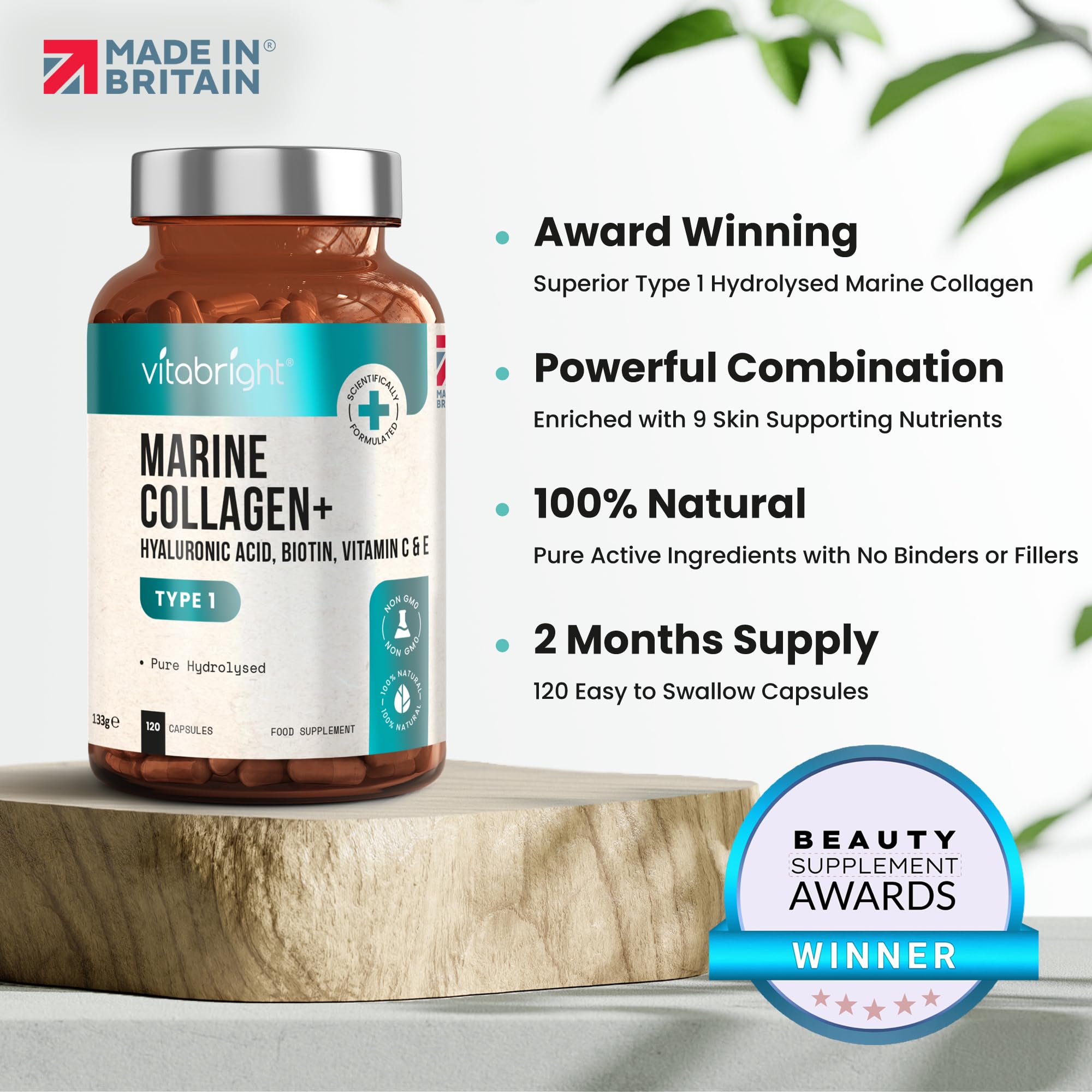 Marine Collagen Capsules 1000mg - 120 Capsules - 9 Powerful Skin Supporting Nutrients VitaBrightAu supplements