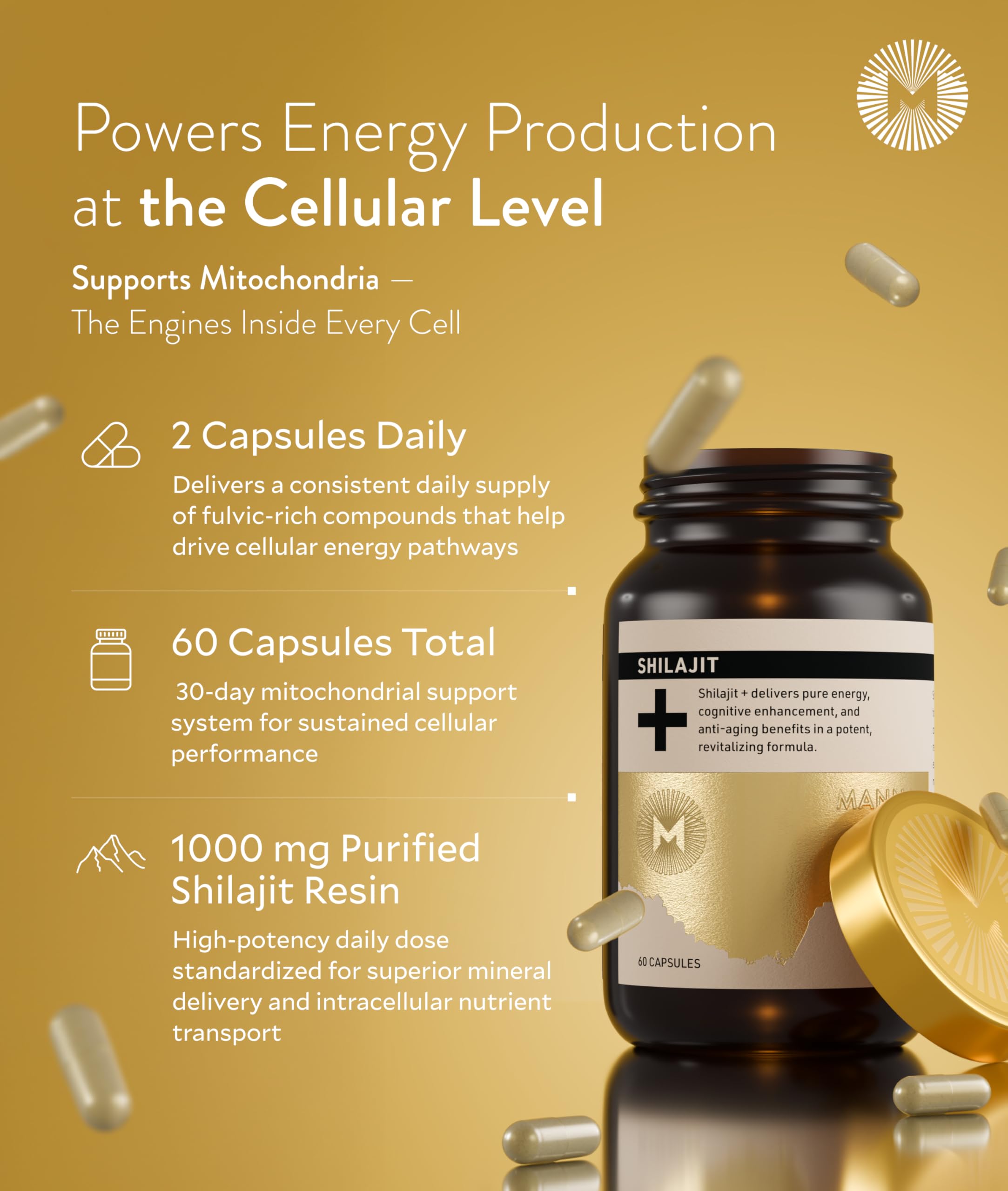 Manna Vitality Shilajit+ Capsules | 1000mg Purified Himalayan Shilajit Resin Supplement | Highest Bioavailability | Energy, Performance, Detox, Vitality, Mental Clarity & Cognitive Support | 60 Count M MannaAu supplements