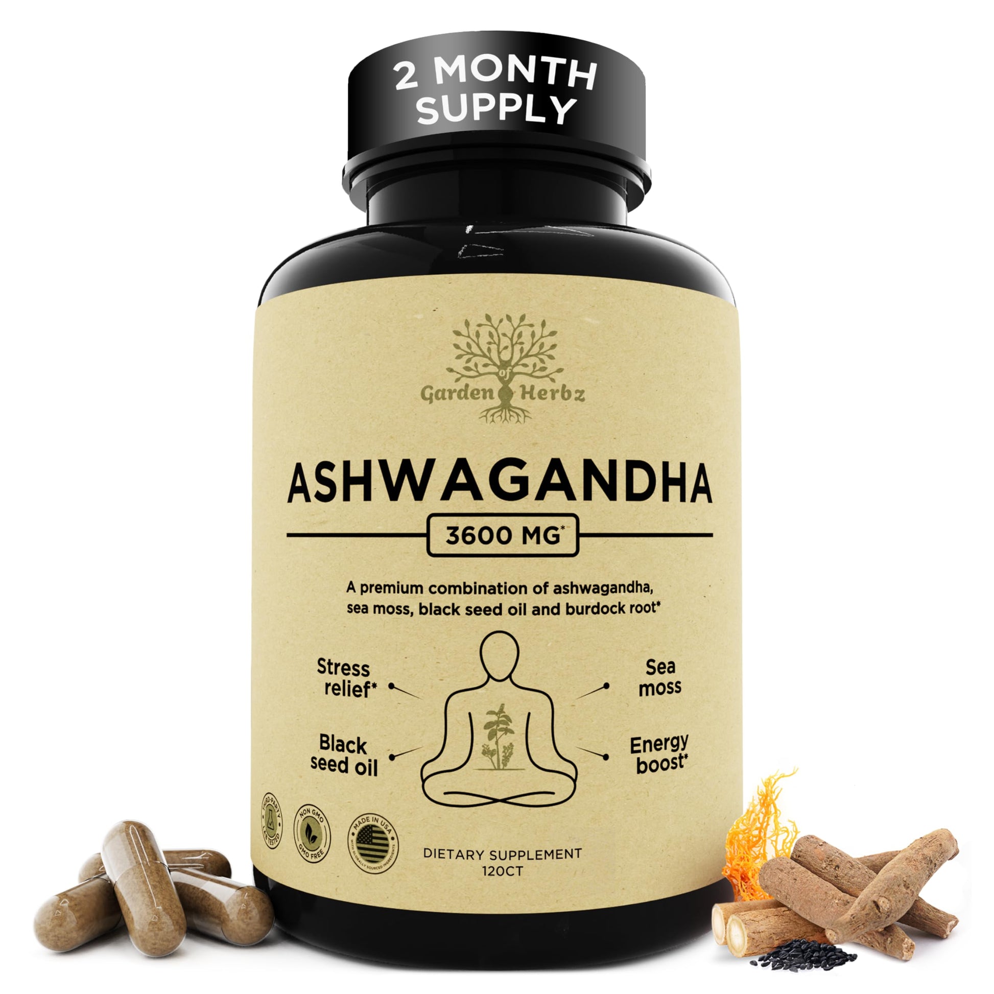 Garden of Herbz Organic Ashwagandha Root & Irish Sea Moss – 3,600 mg Ashwagandha Supplement with Black Seed Oil, & Burdock Root – Herbal Supplement for Energy, Calm, Mood, & Wellness, 120 Caps Garden of HerbzAu supplements