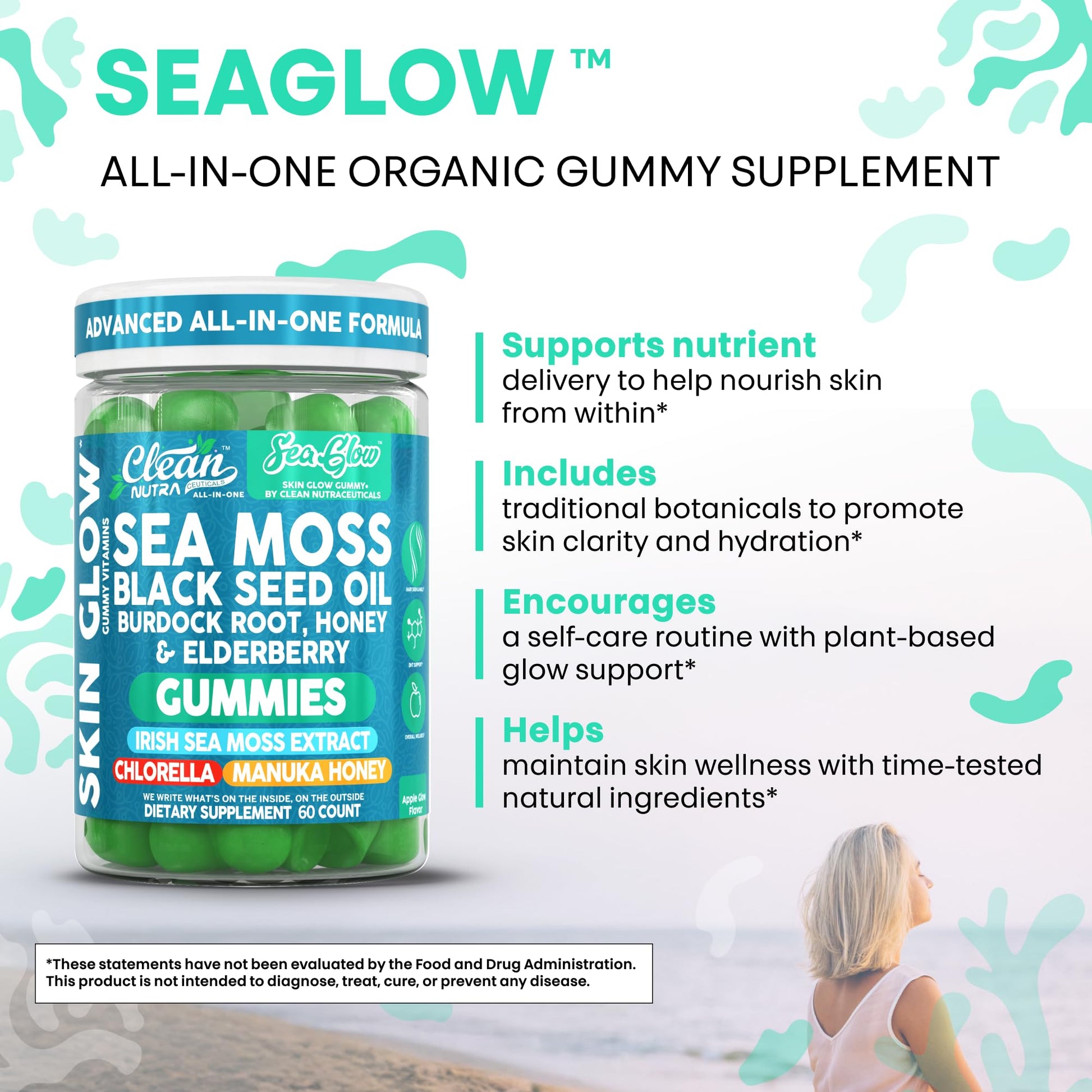 Clean Nutra Sea Moss Gummies Black Seed Oil Chlorella Ashwagandha Root Hair Growth Skin Glow Irish Sea Moss Elderberry Burdock Manuka Honey Trace Minerals Detox 60 Gummy Vitamins Sea Glow Supplement Clean NutraceuticalsAu supplements