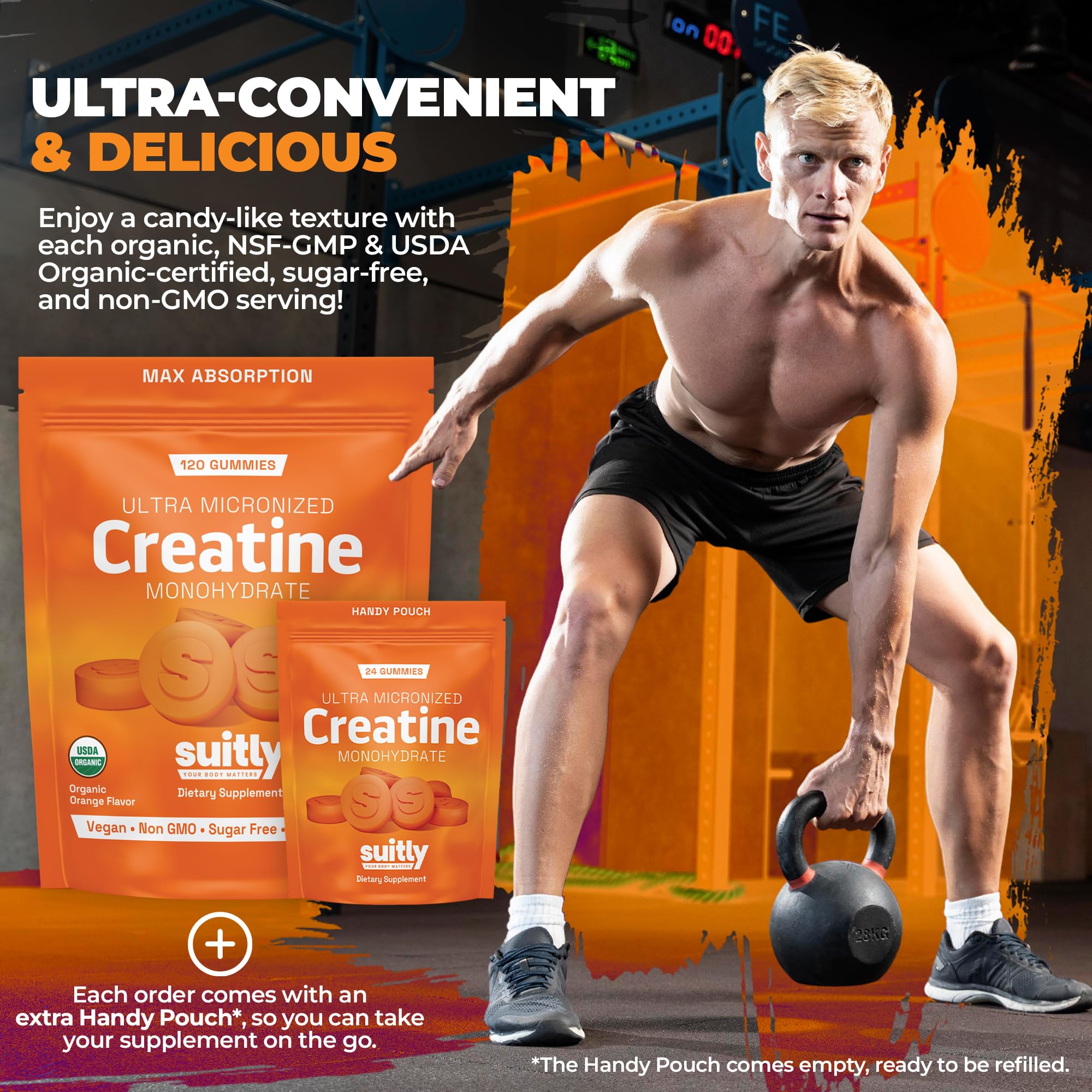 USDA Organic Ultra-Micronized Creatine Gummies for Men & Women; Orange Max Absorption 5g Creatine Gummies Sugar Free for Muscle Gain, Energy & Recovery; Muscle Builder for Women with Pouch - 120 Count SuitlyAu supplements