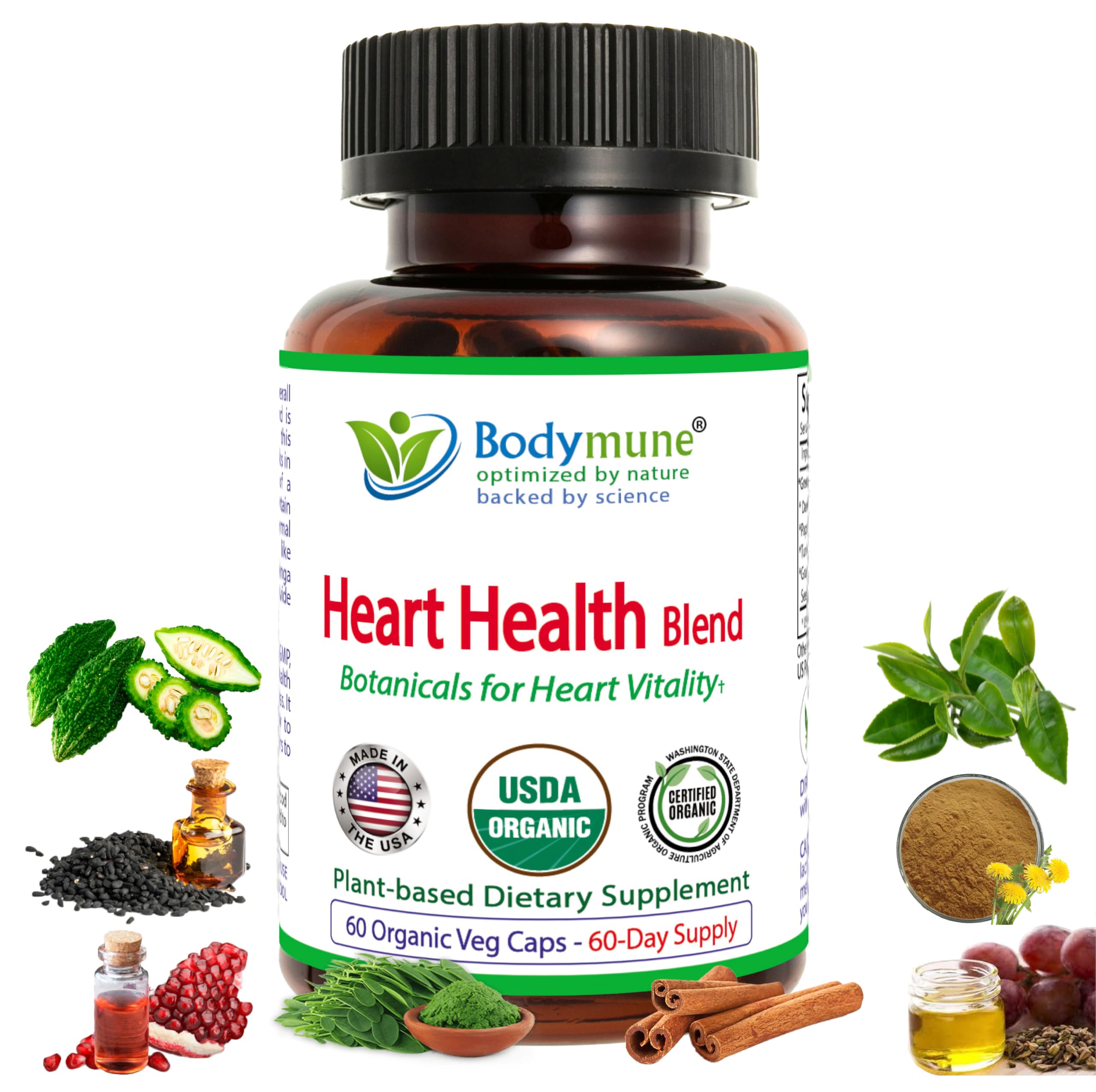 Bodymune Heart Health Blend Cholesterol Support – Organic Cardiovascular & Circulation Supplement – with Green Tea, Pomegranate & Black Seed Oil – 66 Capsules – USDA Organic, Vegan BodymuneAu supplements