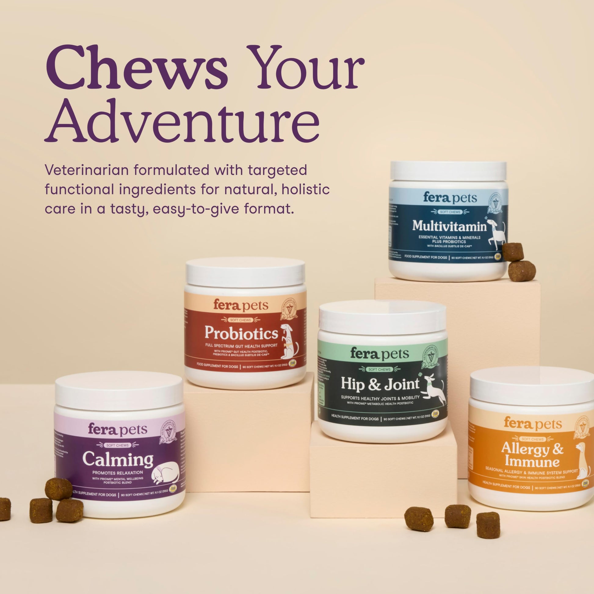 Fera Pets Dog Calming Chews - Helps Manage Everyday Stress & Separation - Promotes Relaxation - Ashwagandha & Priome® Mental Wellbeing Postbiotic Blend - 30 Soft Chews Fera PetsAu supplements