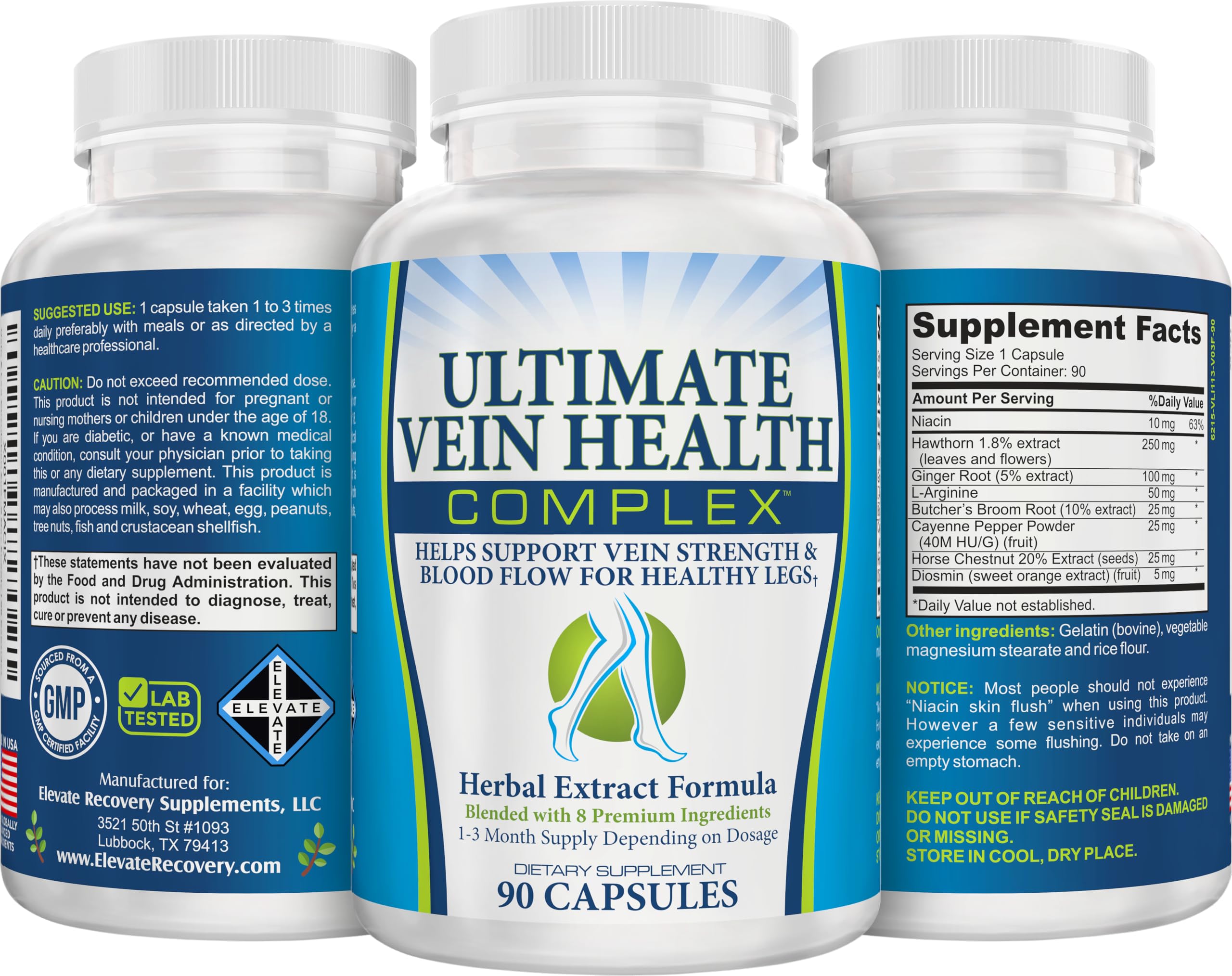 8-in-1 Vein & Leg Health Circulation Support Supplements | Leg + Vein Formula | Circulatory Support Supplement | 1-Month Supply | 90 Capsules Elevate Recovery SupplementsAu supplements