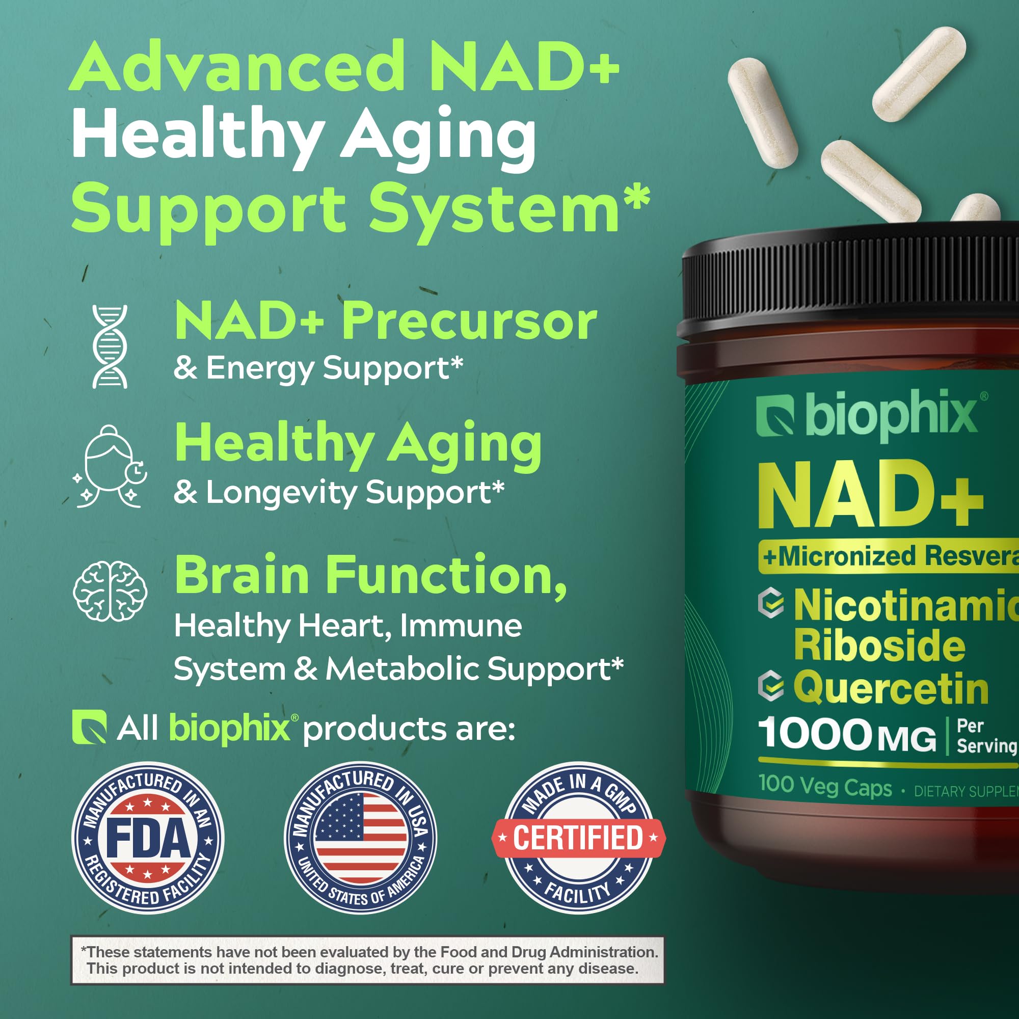 biophix NAD+ Liposomal Supplement for Women & Men - 1000 mg per Serving - Nicotinamide Riboside, Micronized Resveratrol & Quercetin Complex - 100 Veg Capsules - Non-GMO, Gluten-Free, cGMP Certified biophixAu supplements