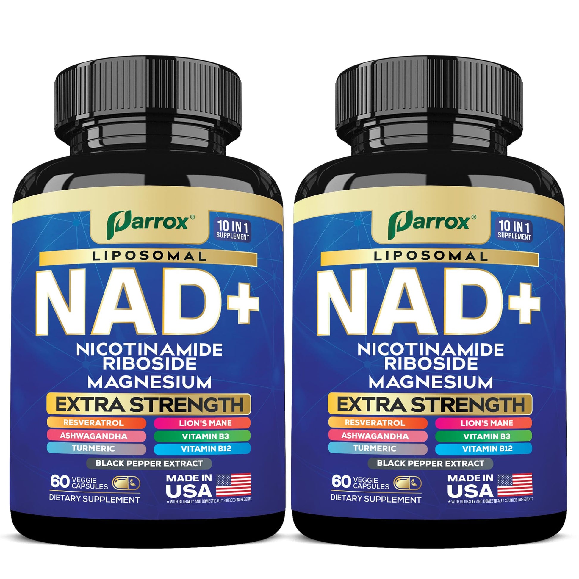 Parrox NAD+ Supplement with Liposomal NAD+, Nicotinamide Riboside, Magnesium, Vitamin B3 & B12, Resveratrol, Turmeric, Ashwagandha, Lion’s Mane,10-in-1 Extra Strength (2 Pack) ParroxAu supplements