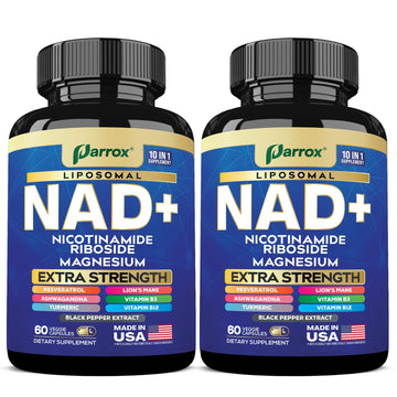Parrox NAD+ Supplement with Liposomal NAD+, Nicotinamide Riboside, Magnesium, Vitamin B3 & B12, Resveratrol, Turmeric, Ashwagandha, Lion’s Mane,10-in-1 Extra Strength (2 Pack) ParroxAu supplements