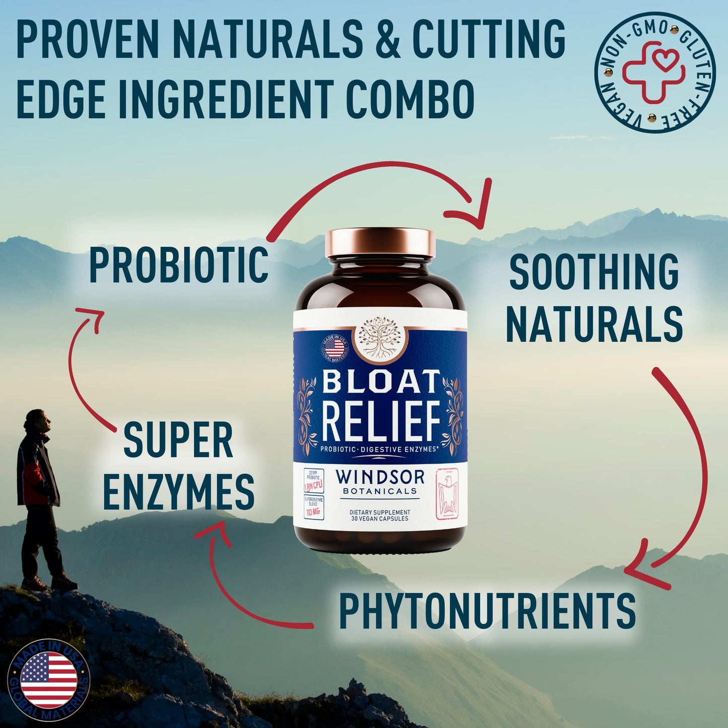 Bloat Relief Probiotic and Digestive Enzymes - Anti Bloating Turmeric, Fennel, Bromelain IBS WINDSOR BOTANICALSUS supplements