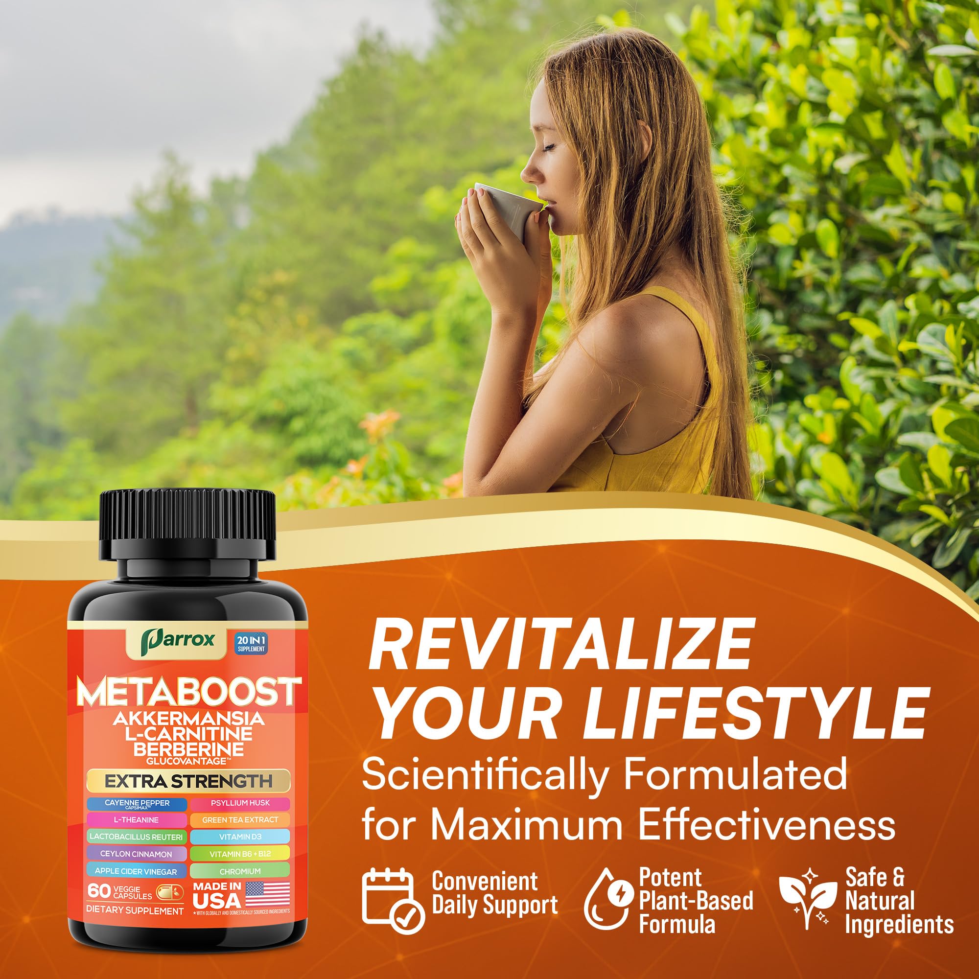 GLP-1 Booster Supplement, Akkermansia, L-Carnitine, Berberine (GlucoVantage), Methylfolate, Methylated B12, Chromium, Capsimax, Psyllium Husk, Probiotics Vitamins D3, B6, 20-in-1 Plant-Based (60 Caps) ParroxAu supplements