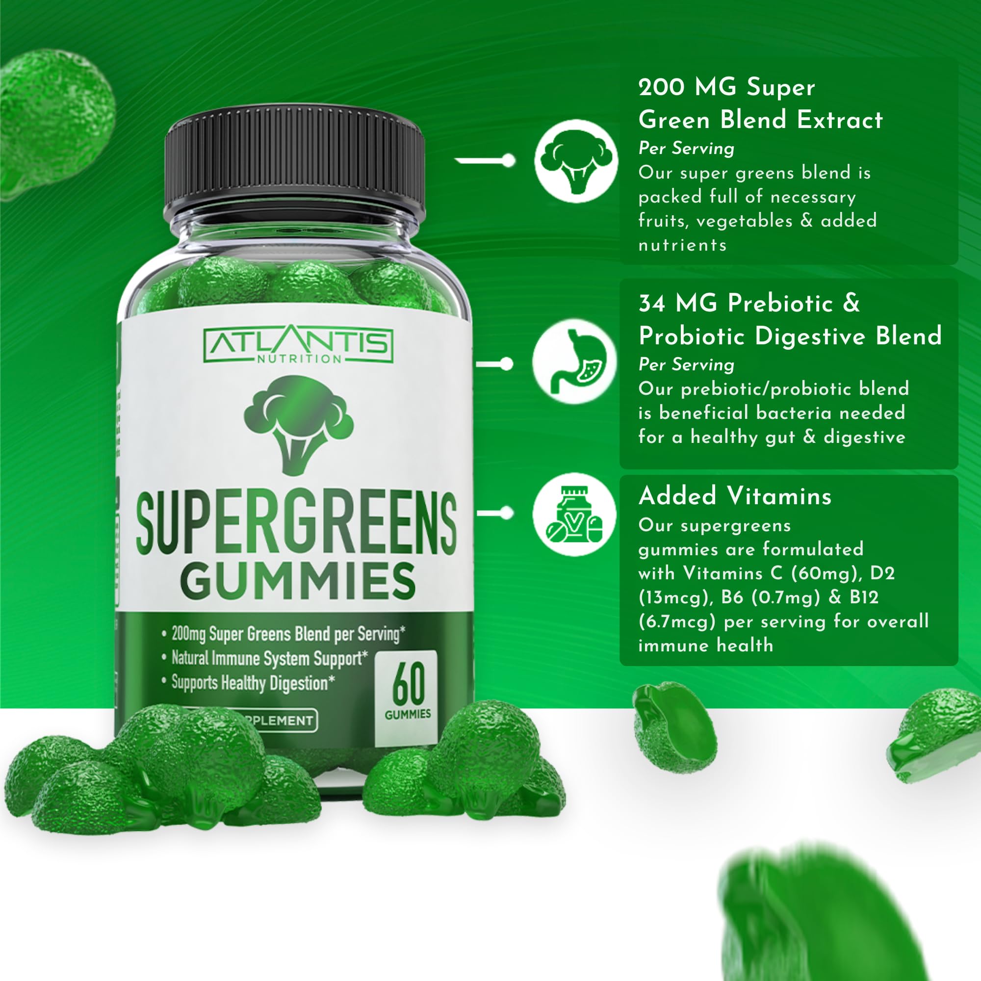 Atlantis Nutrition Supergreens Gummies - Daily Green Superfoods Supplement with Spinach, Broccoli, Moringa, Beet Root, Celery, Green Tea, & Acai for Immunity Support - Natural Raspberry Flavor, 60 cnt Atlantis NutritionAu supplements