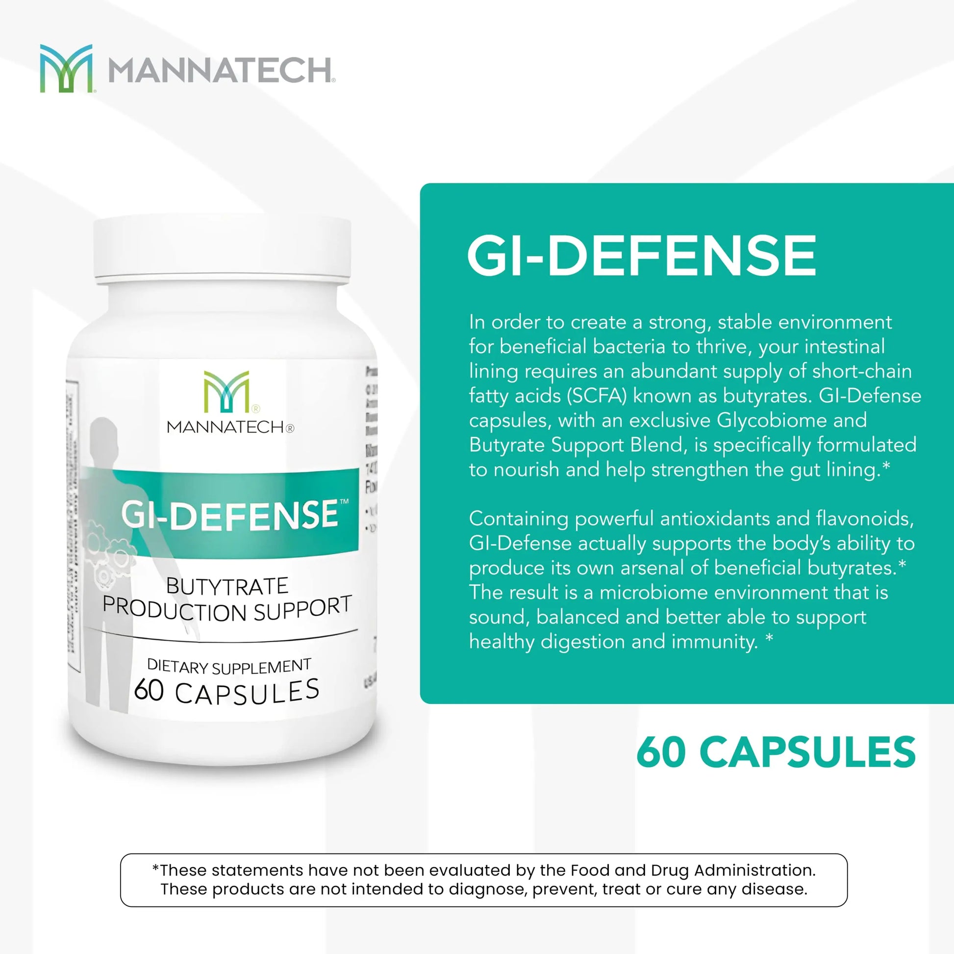 Mannatech Butyrate Supplement - Supports Gut Barrier Function, Intestinal Health, and Digestive Comfort - Promotes Short Chain Fatty Acid Production, Immune Support Supplement GI-Defense 60 Capsules Mannatechnz supplements