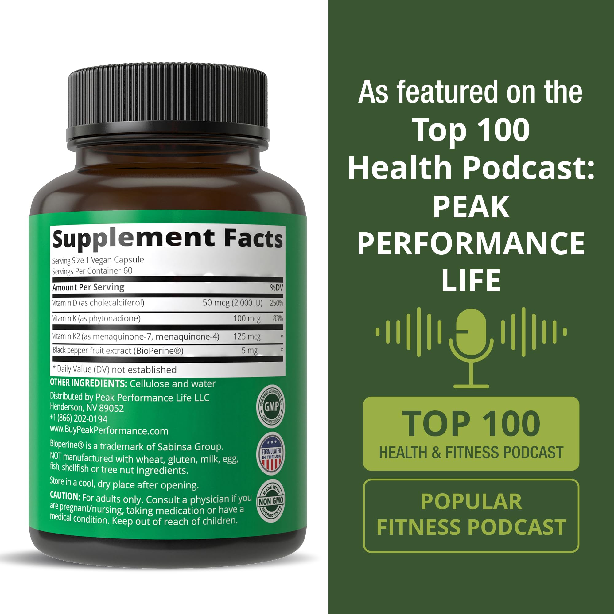 Peak Performance Advanced Vitamin D 2000 IU with All 3 Types of Vitamin K Vitamin D3 and Vitamin K2, K1, MK-7 (MK7), MK4 Supplements - 60 Small and Easy to Swallow Vegetable Pills Peak PerformanceAu supplements
