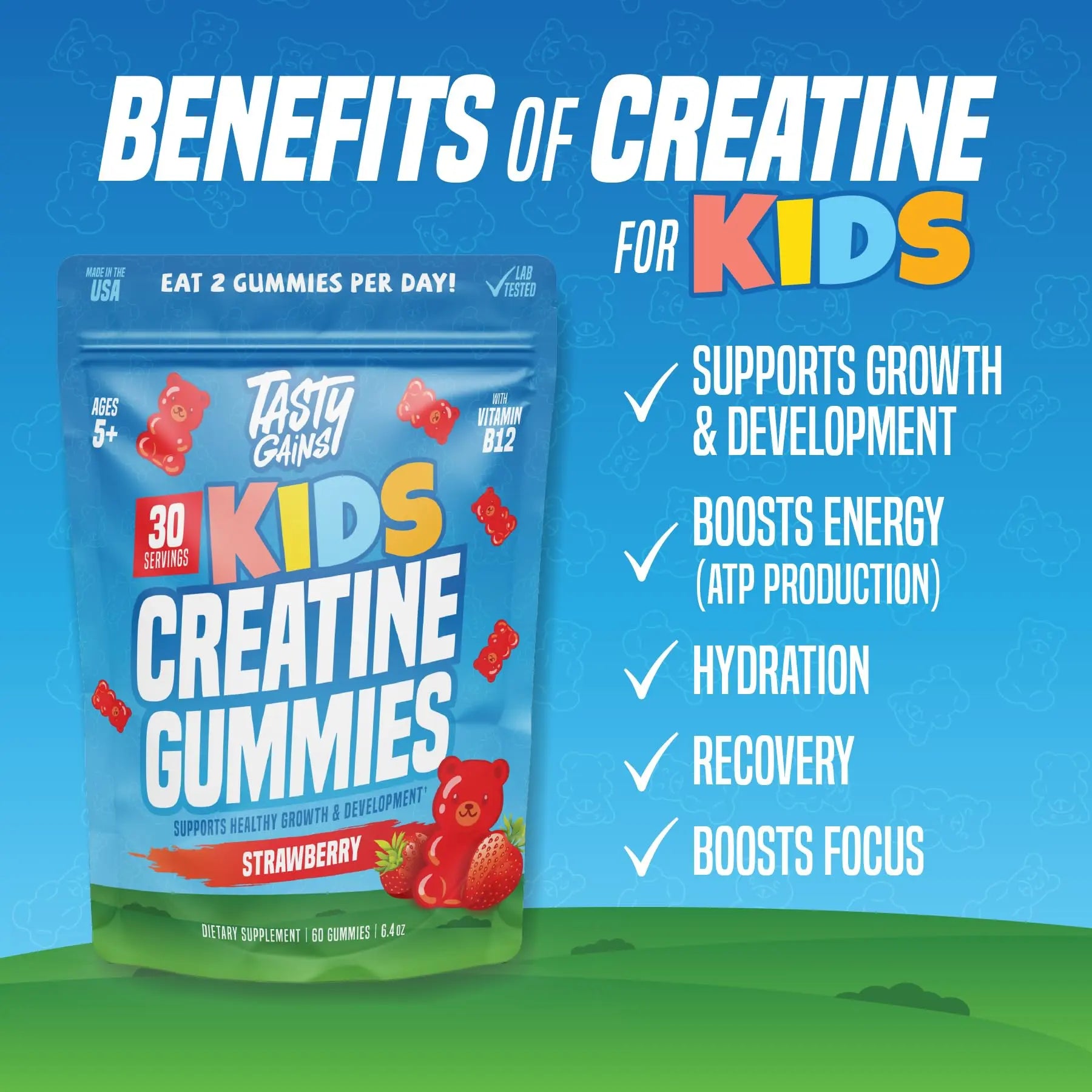 TASTY GAINS Kids & Teen Creatine Gummies with Vitamin B12 for Growth Support, Easy Chew Daily Supplement, Gummy Vitamins for Kids and Teens, Ages 5+ TASTY GAINSnz supplements